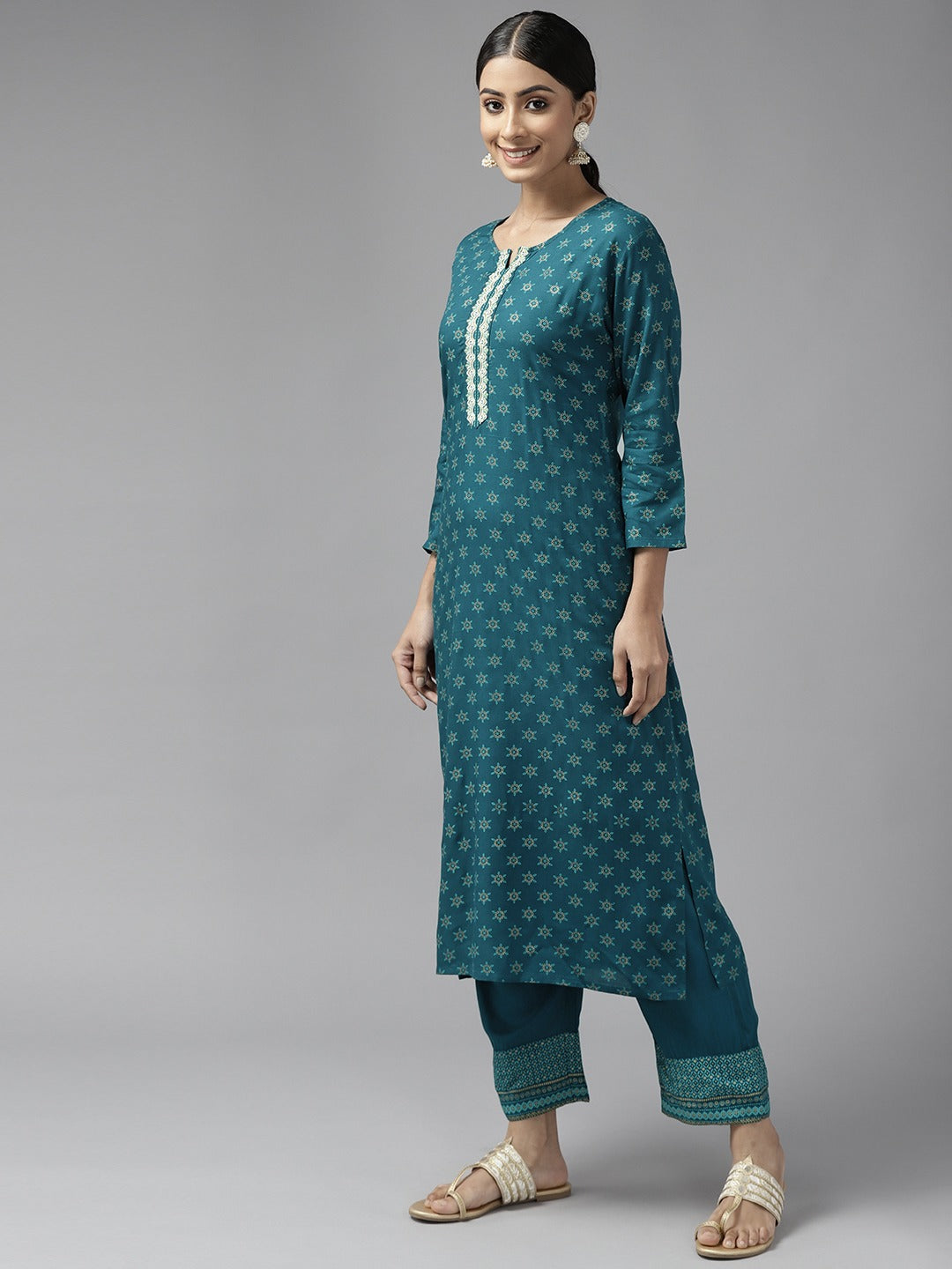 Teal Green Printed Kurta Set-Yufta Store-9739SETTGS