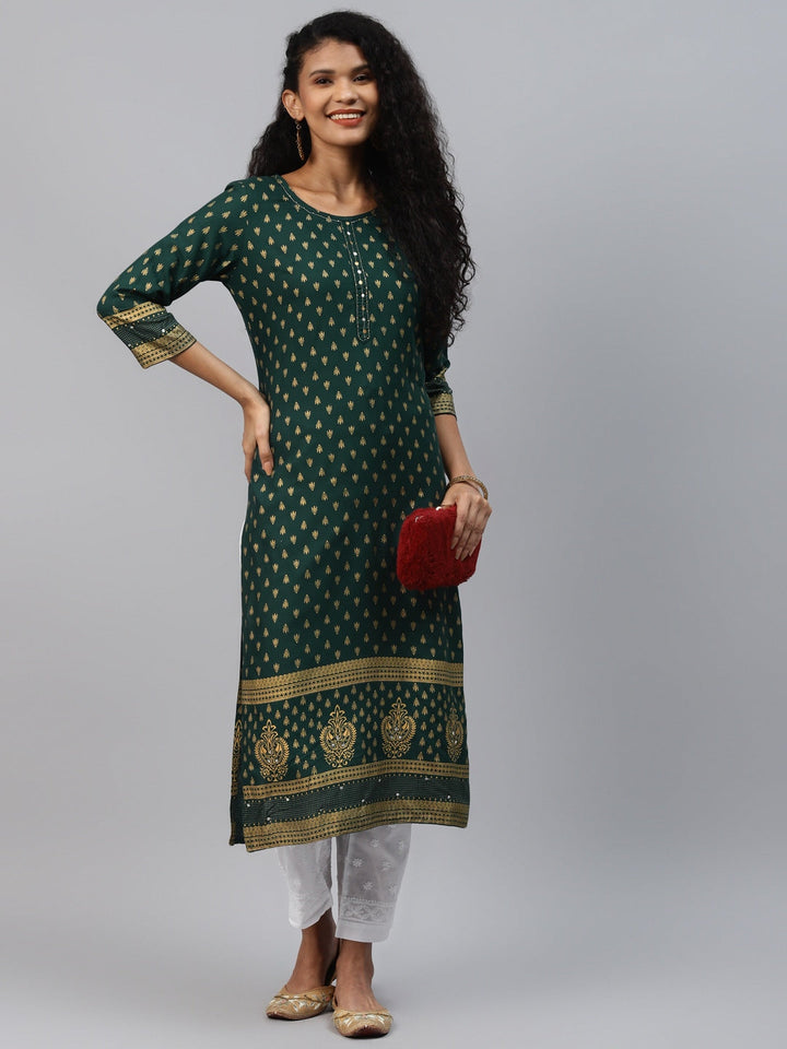 Teal Green Printed Kurta-Yufta Store-5123KURTGS