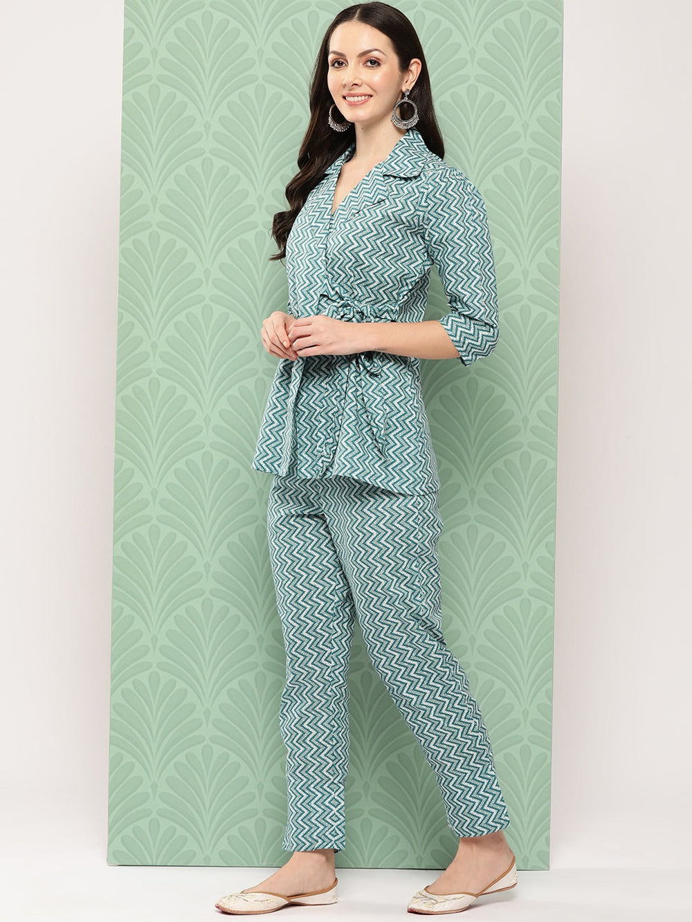 Teal Green Printed Pure Cotton Top with Trousers-Yufta Store-1461CRDTGS