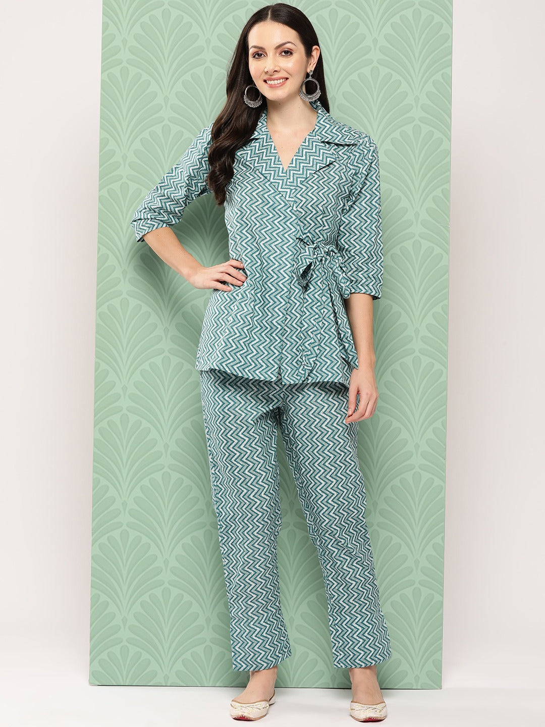 Teal Green Printed Pure Cotton Top with Trousers-Yufta Store-1461CRDTGS