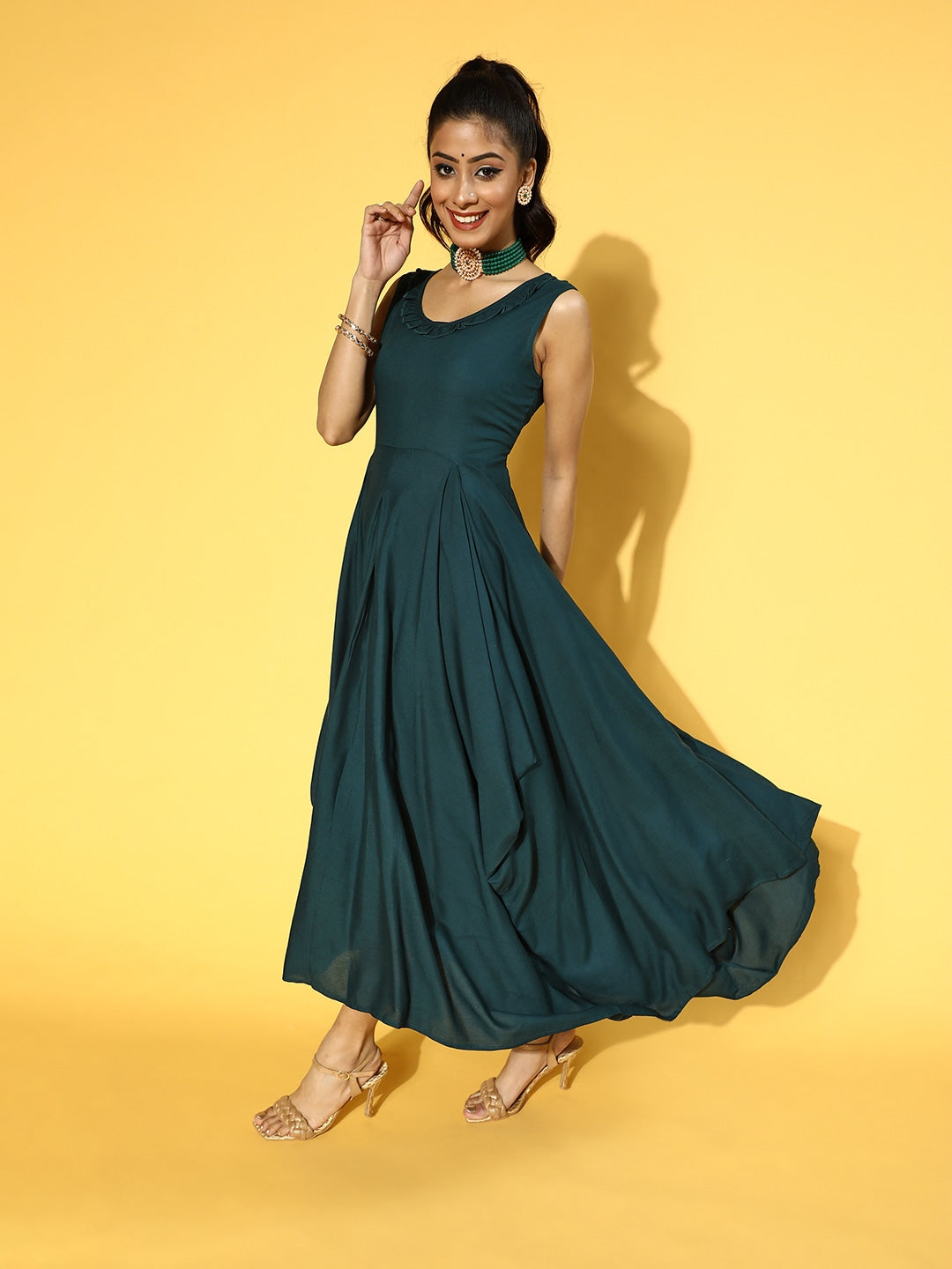 Teal Green Solid Maxi Dress-Yufta Store-9599DRSTGS