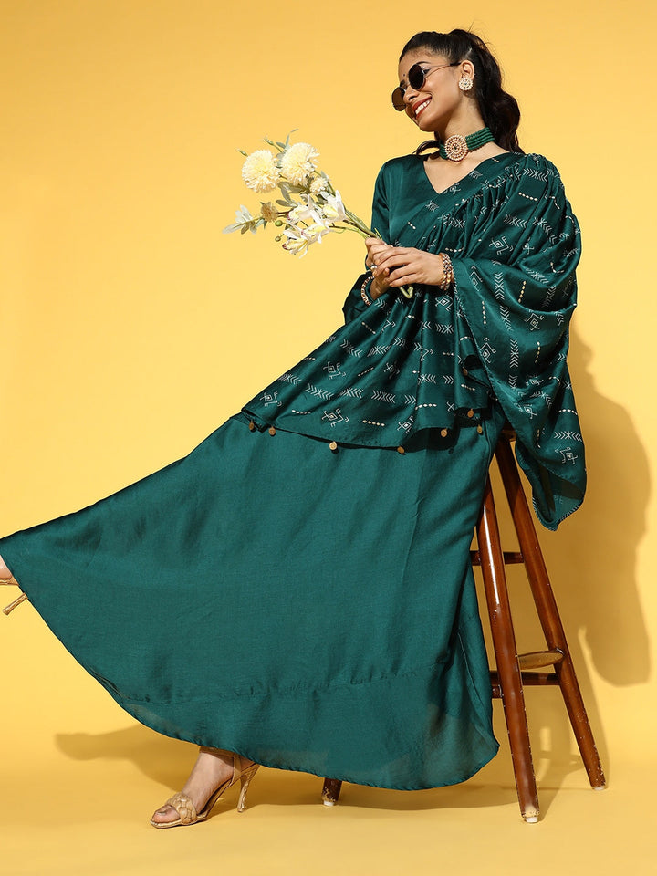 Teal Green Solid Maxi Dress with Dupatta-Yufta Store-9602DRSTGS