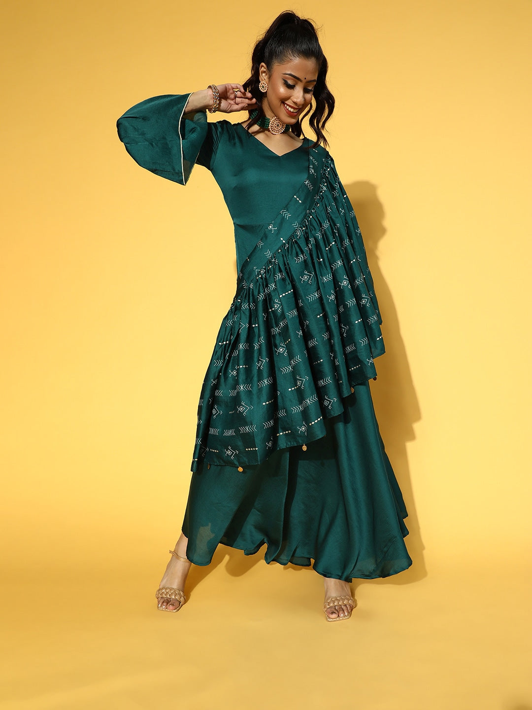 Teal Green Solid Maxi Dress with Dupatta-Yufta Store-9602DRSTGS