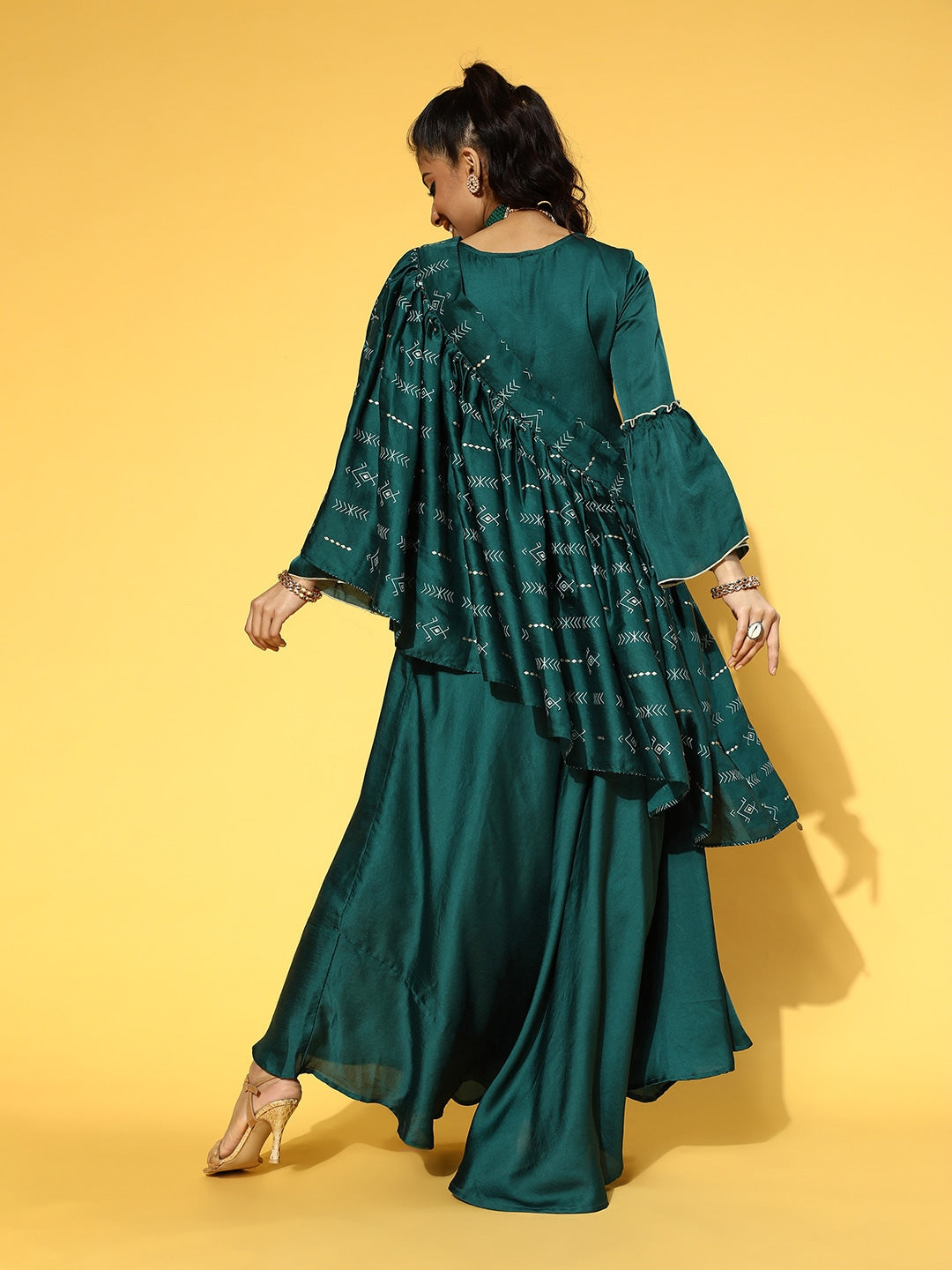 Teal Green Solid Maxi Dress with Dupatta-Yufta Store-9602DRSTGS