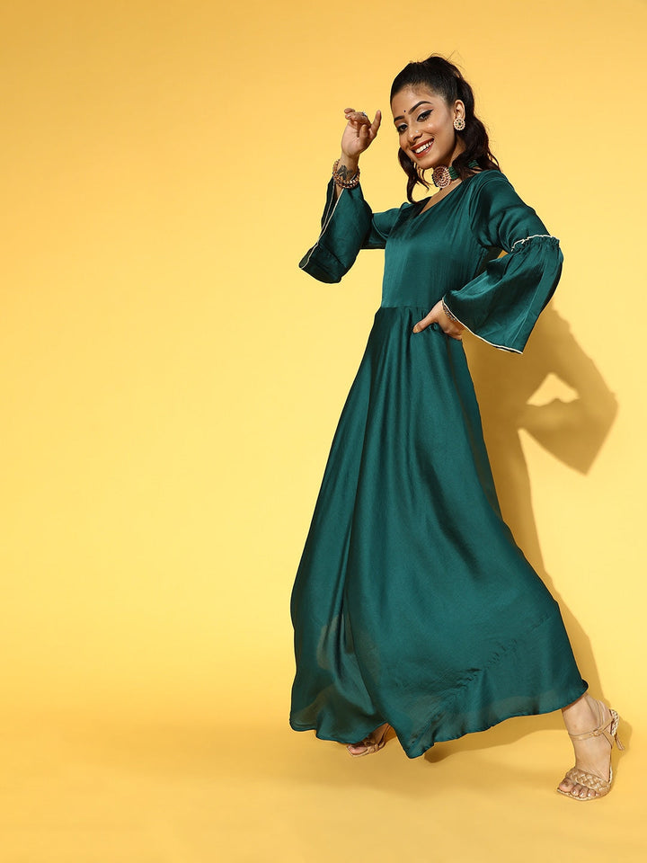 Teal Green Solid Maxi Dress with Dupatta-Yufta Store-9602DRSTGS