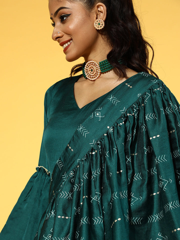 Teal Green Solid Maxi Dress with Dupatta-Yufta Store-9602DRSTGS