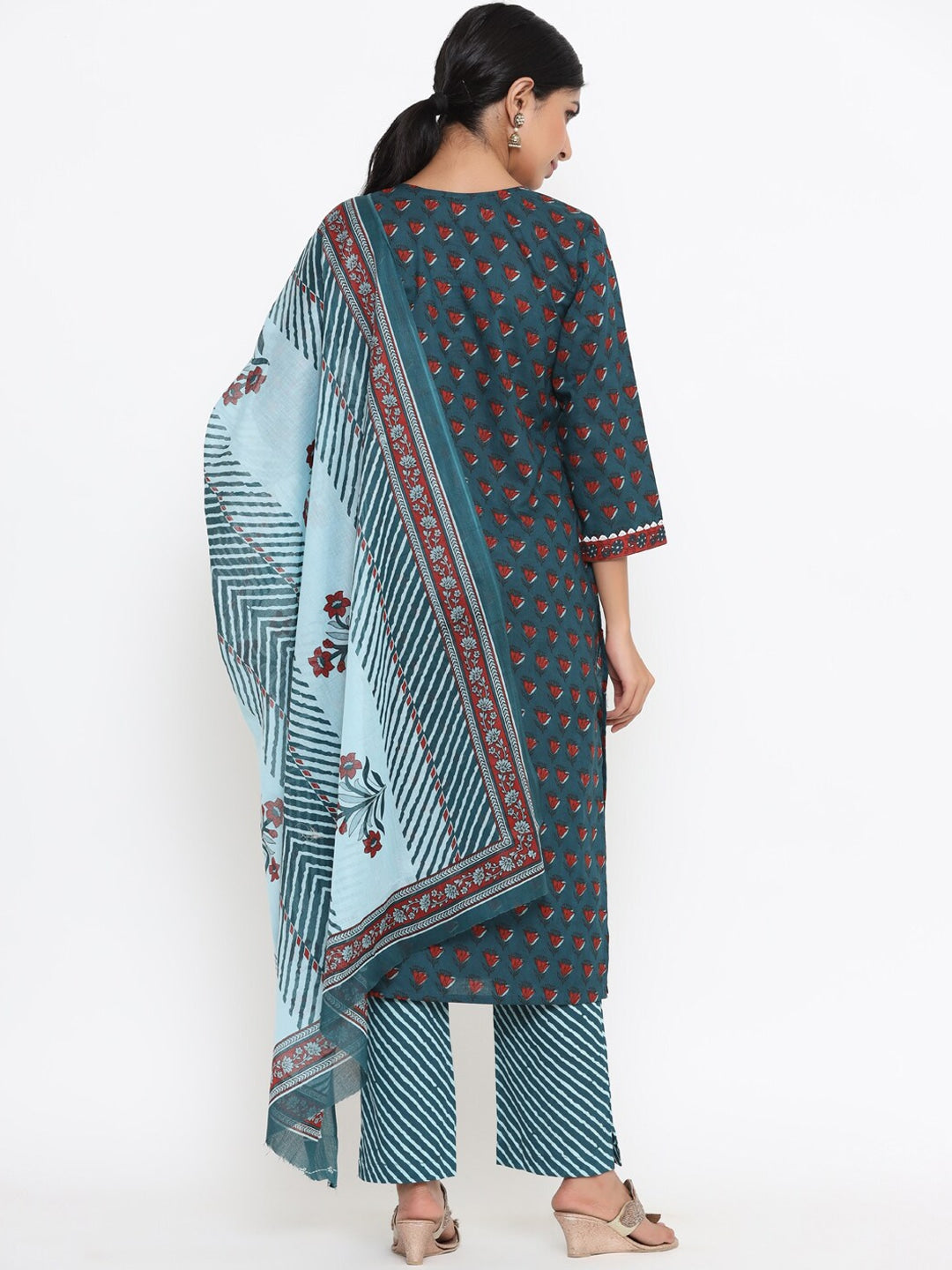 Teal Printed Dupatta Set-Yufta Store-9798SKDTBS