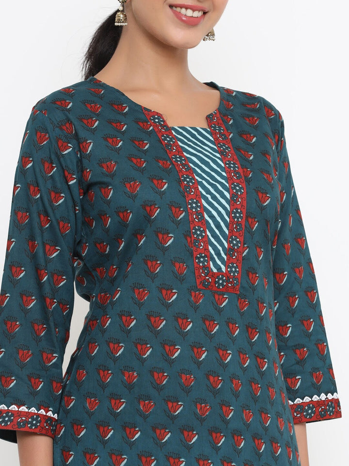 Teal Printed Dupatta Set-Yufta Store-9798SKDTBS