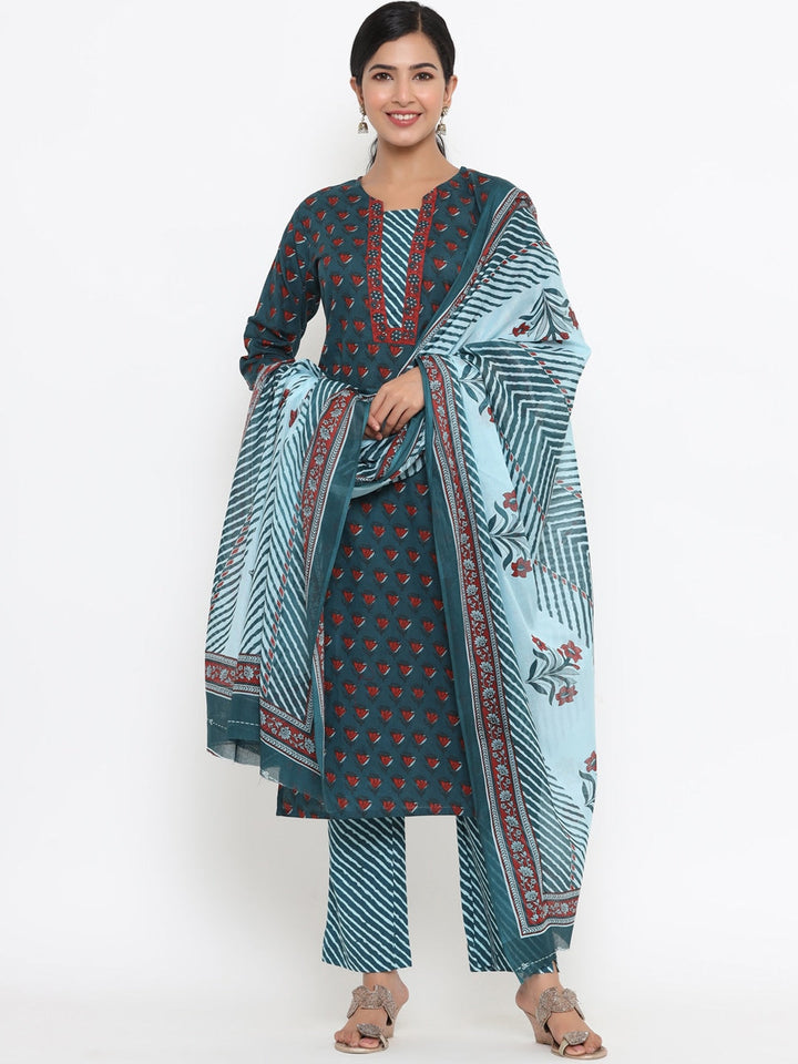 Teal Printed Dupatta Set-Yufta Store-9798SKDTBS