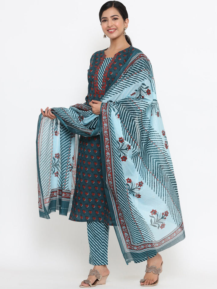 Teal Printed Dupatta Set-Yufta Store-9798SKDTBS