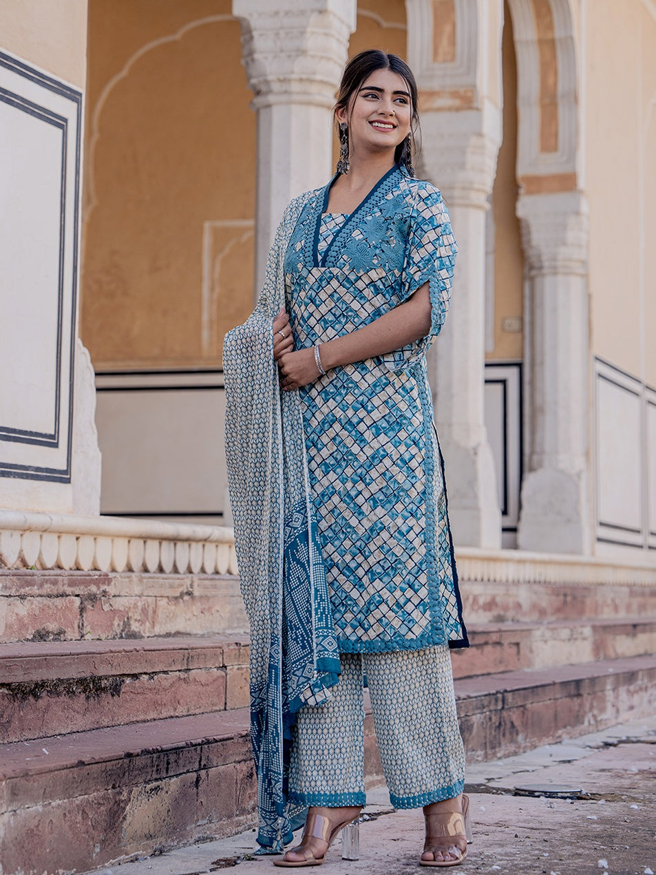 Teal Printed Kurta Dupatta Set-Yufta Store-2021SKDTBS