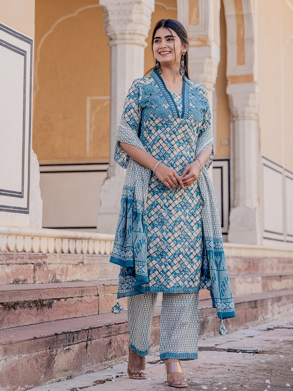 Teal Printed Kurta Dupatta Set-Yufta Store-2021SKDTBS