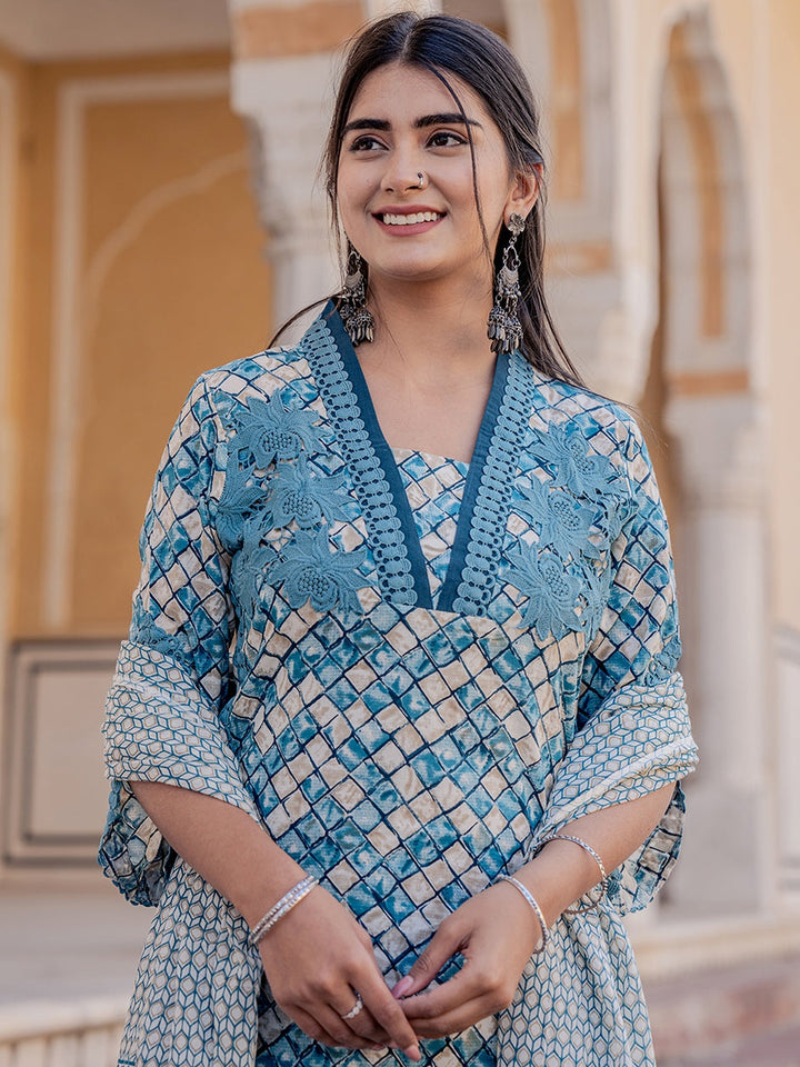 Teal Printed Kurta Dupatta Set-Yufta Store-2021SKDTBS