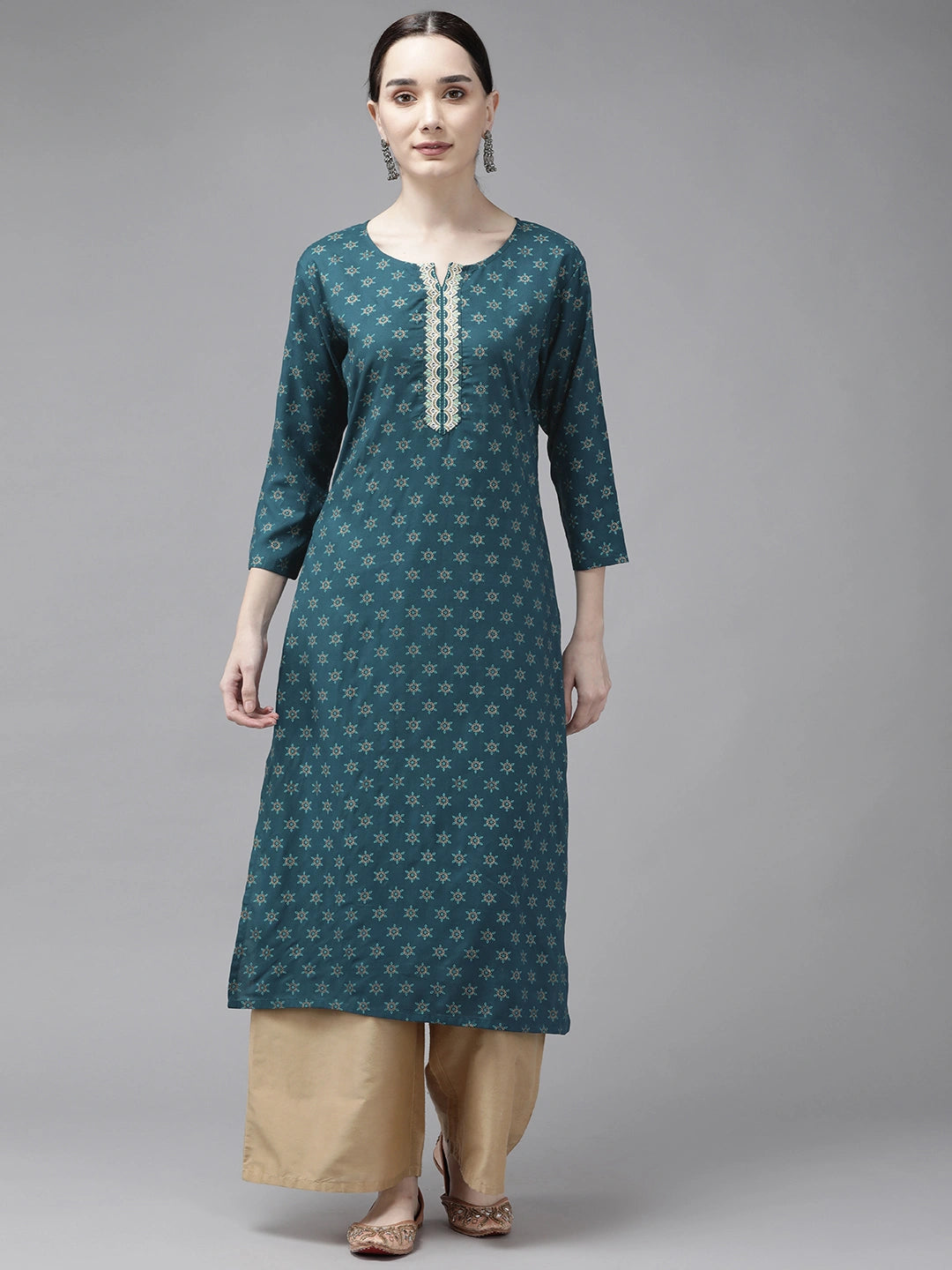 Teal Printed Thread Work Kurta-Yufta Store-9739KURTGS