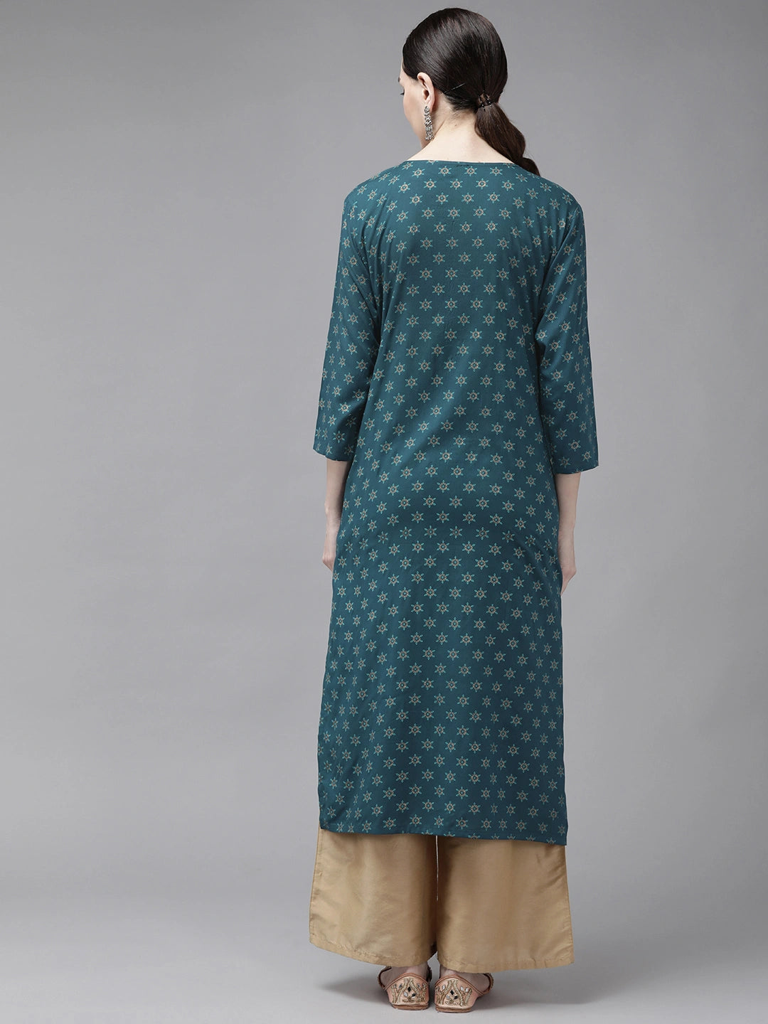 Teal Printed Thread Work Kurta-Yufta Store-9739KURTGS