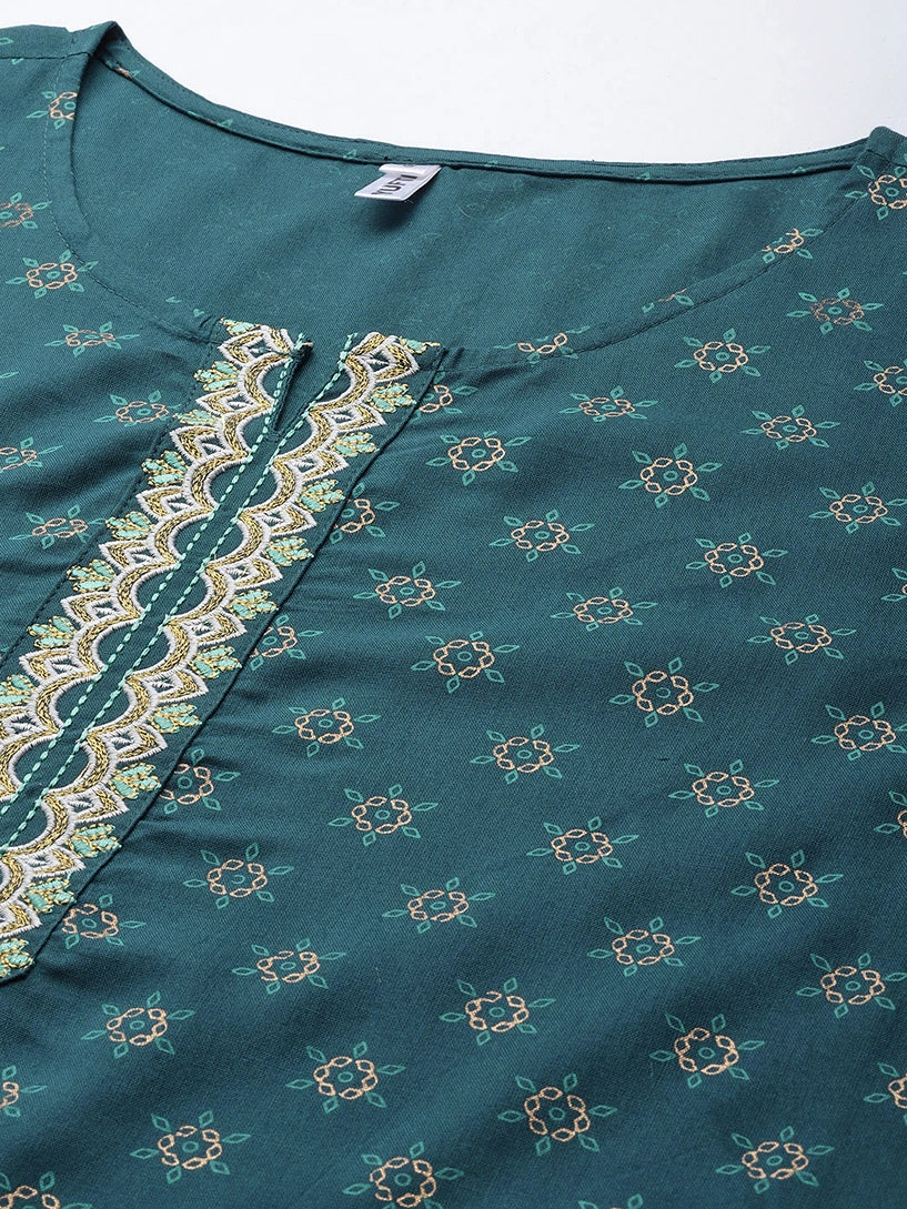 Teal Printed Thread Work Kurta-Yufta Store-9739KURTGS