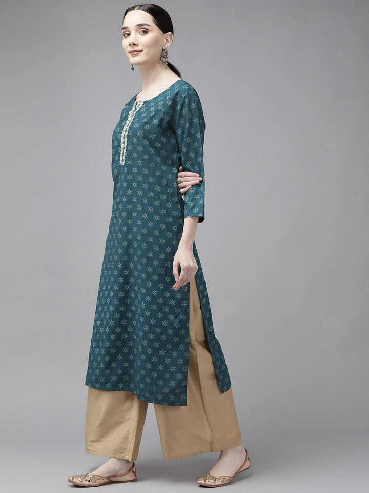 Teal Printed Thread Work Kurta-Yufta Store-9739KURTGS