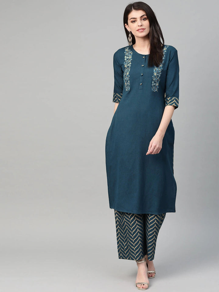 Teal Straight Kurta Set-Yufta Store-7344SETBLS