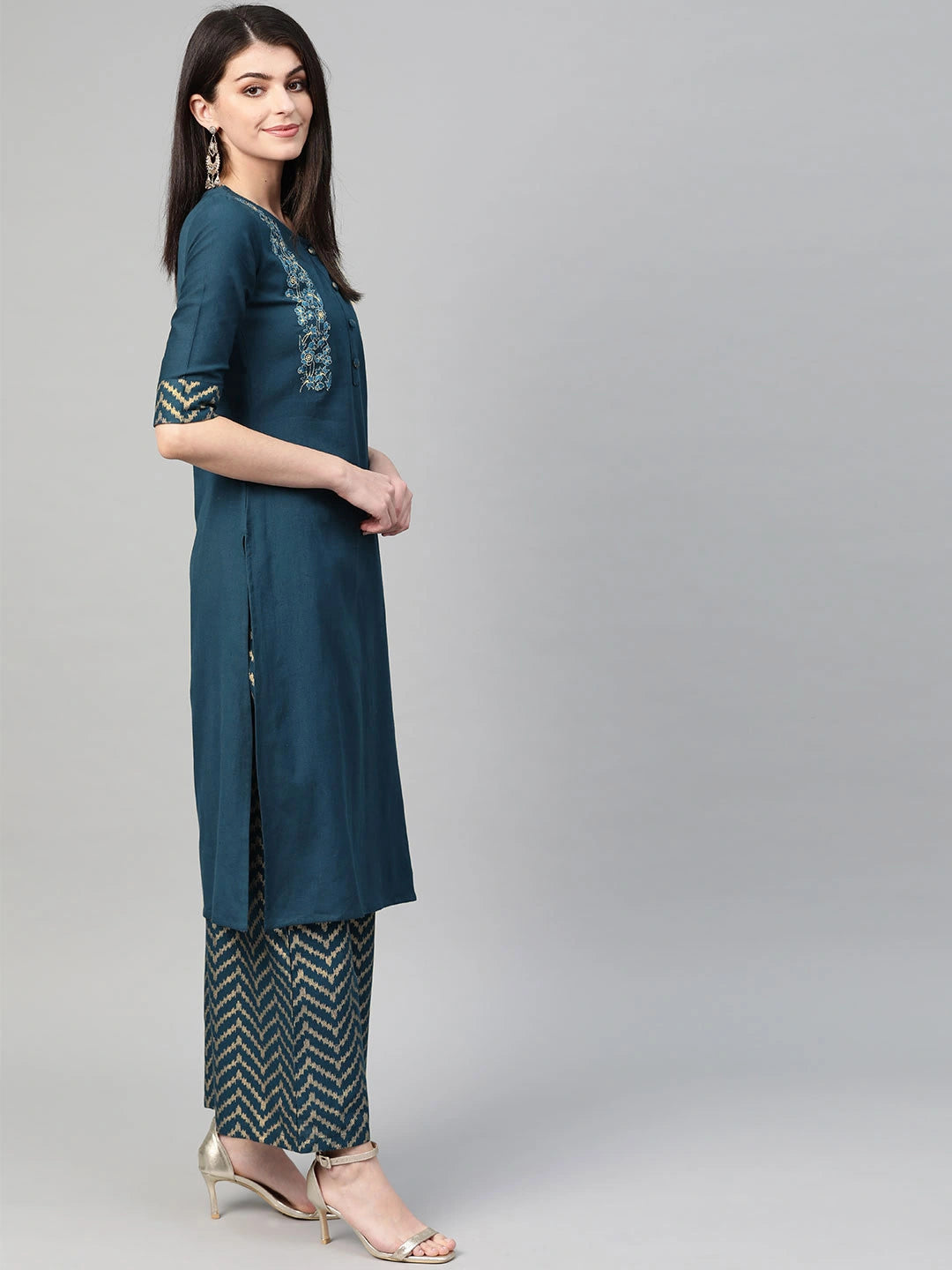 Teal Straight Kurta Set-Yufta Store-7344SETBLS