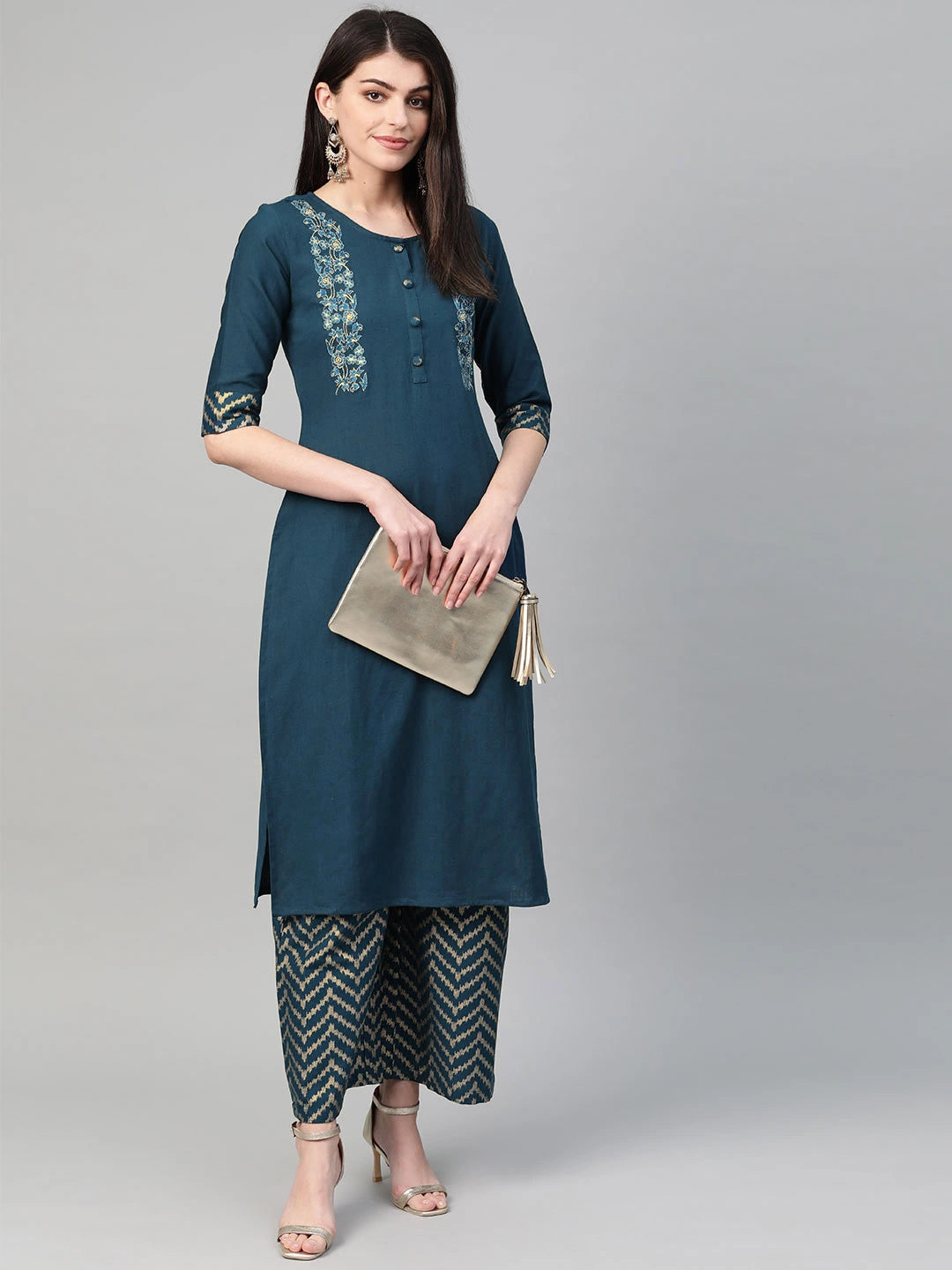 Teal Straight Kurta Set-Yufta Store-7344SETBLS