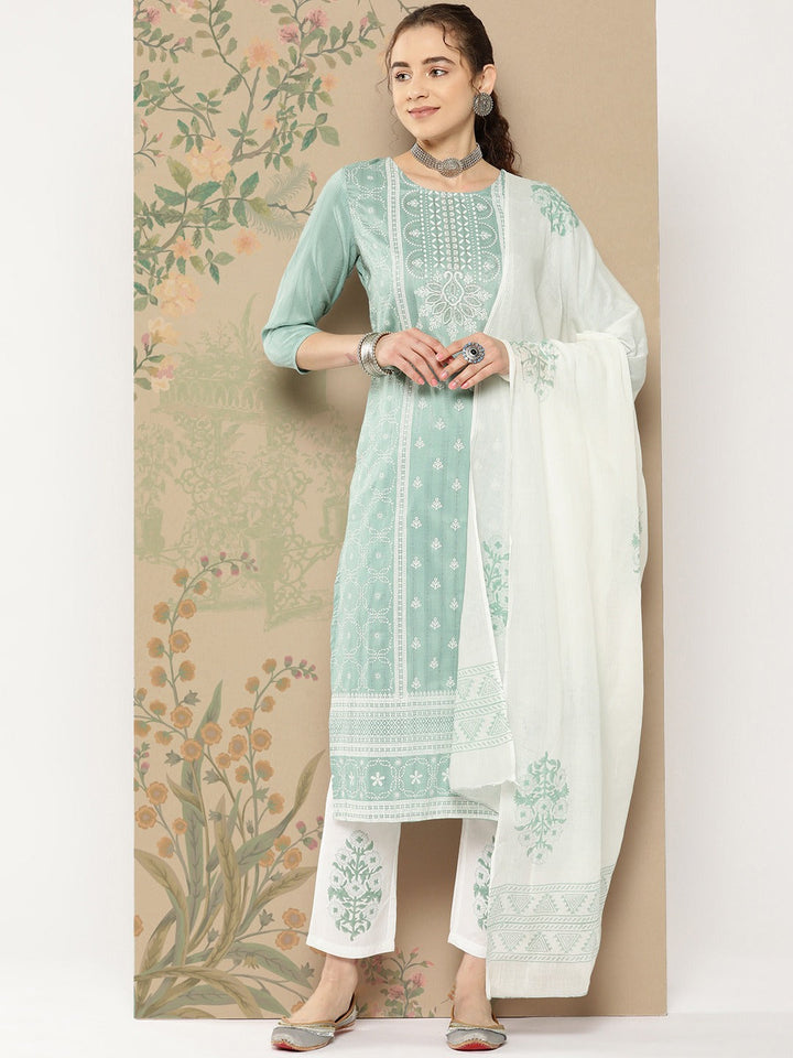 Teal Thread Work Kurta Dupatta Set-Yufta Store-1140SKDTGS