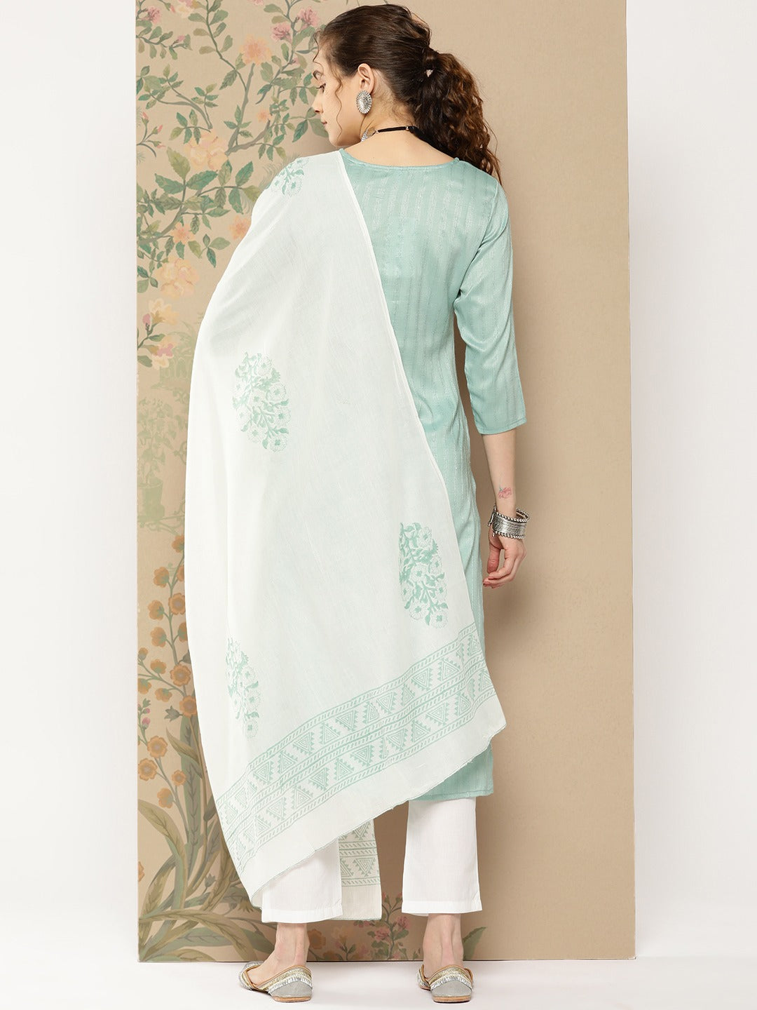 Teal Thread Work Kurta Dupatta Set-Yufta Store-1140SKDTGS