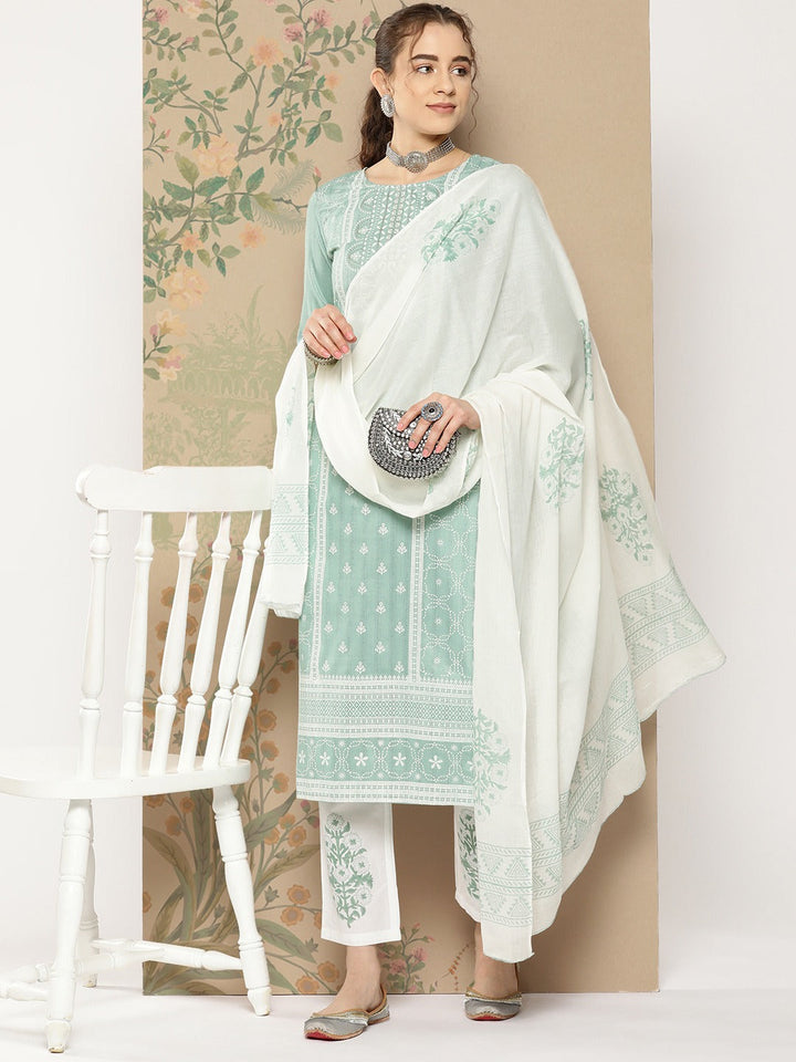 Teal Thread Work Kurta Dupatta Set-Yufta Store-1140SKDTGS