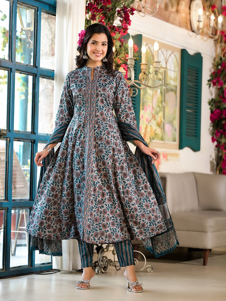 Teal green Floral print Kurta Trouser with Dupatta Set-Yufta Store-1824SKDTGS