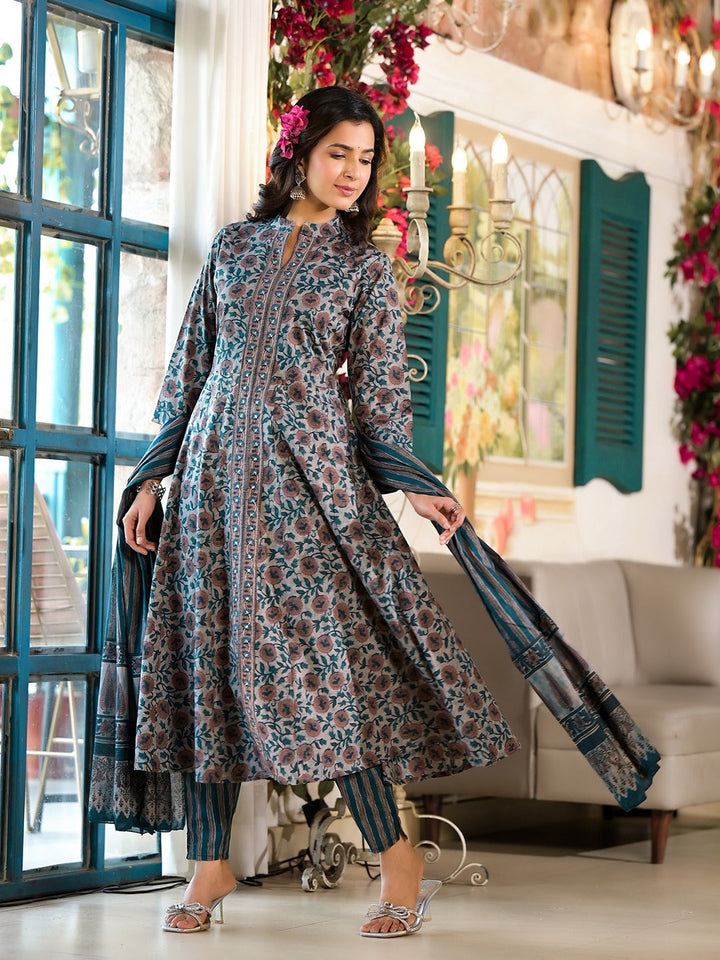 Teal green Floral print Kurta Trouser with Dupatta Set-Yufta Store-1824SKDTGS