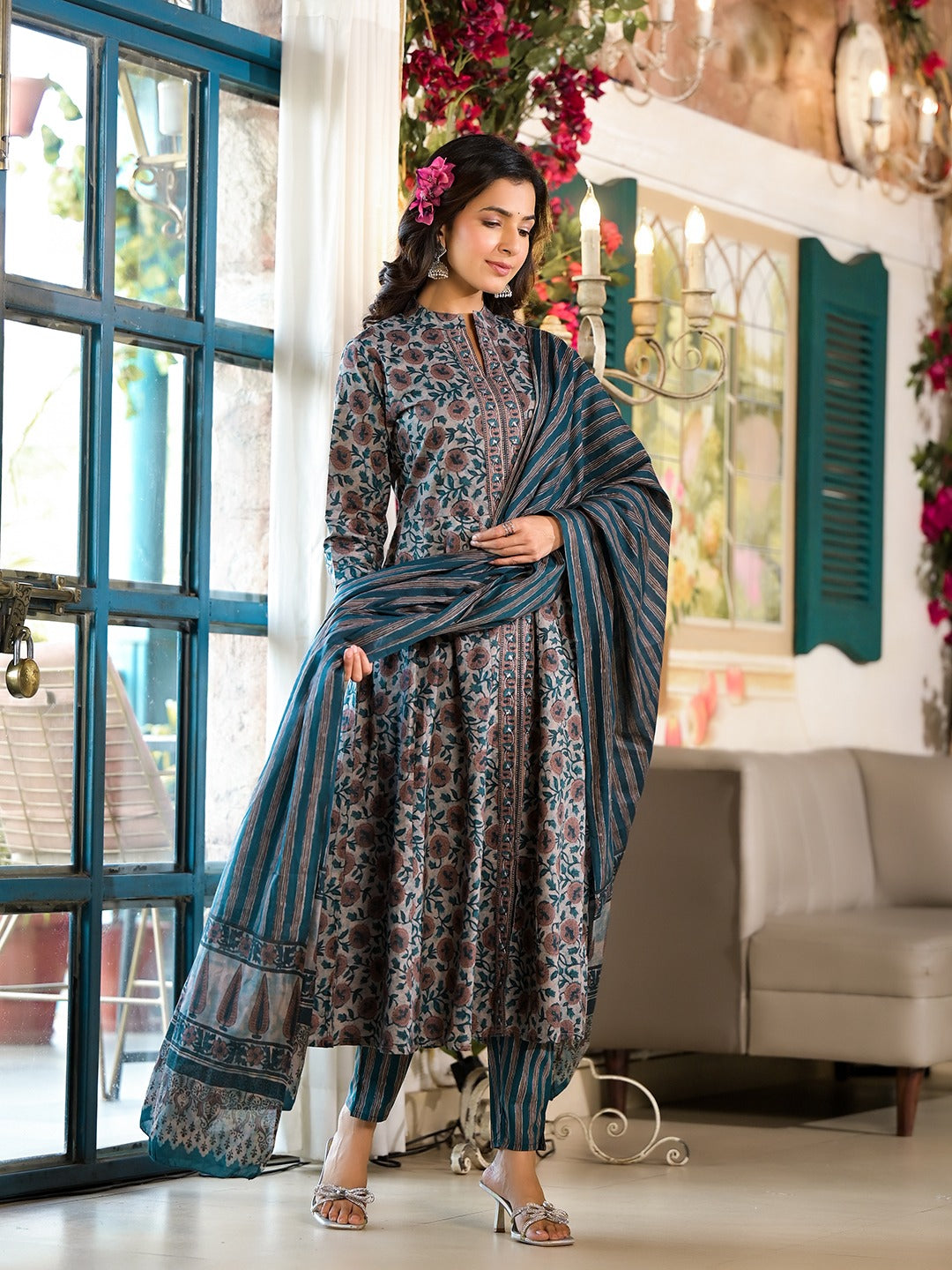 Teal green Floral print Kurta Trouser with Dupatta Set-Yufta Store-1824SKDTGS