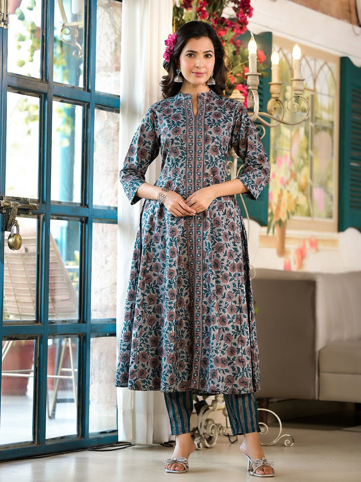 Teal green Floral print Kurta Trouser with Dupatta Set-Yufta Store-1824SKDTGS