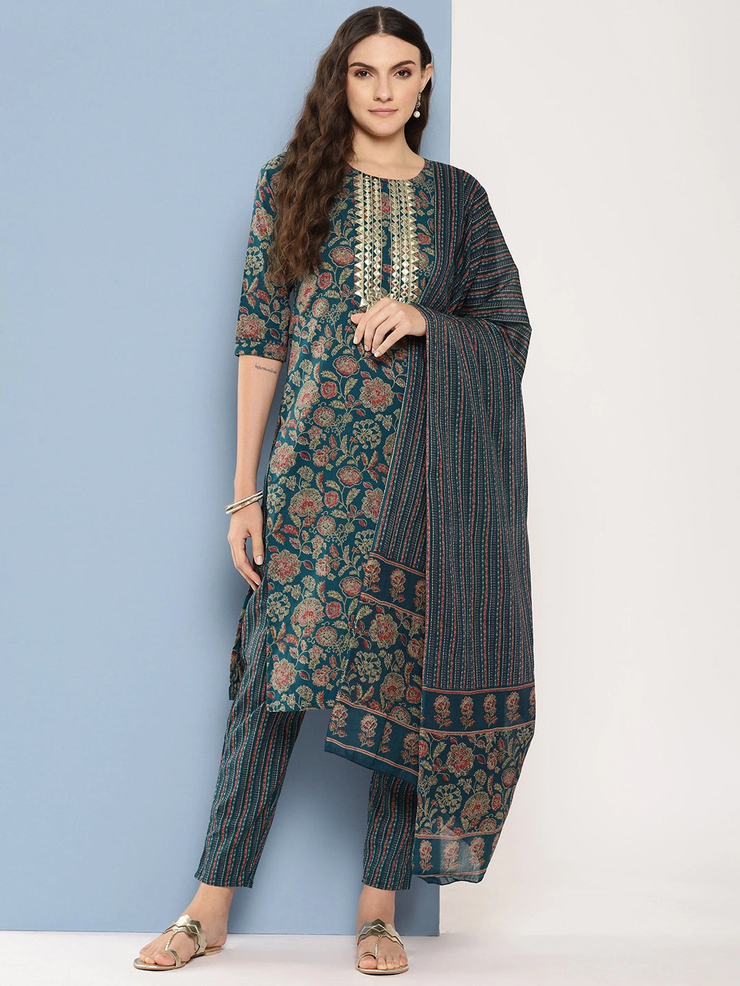 Teal green and red printed Kurta with Trousers with dupatta Set