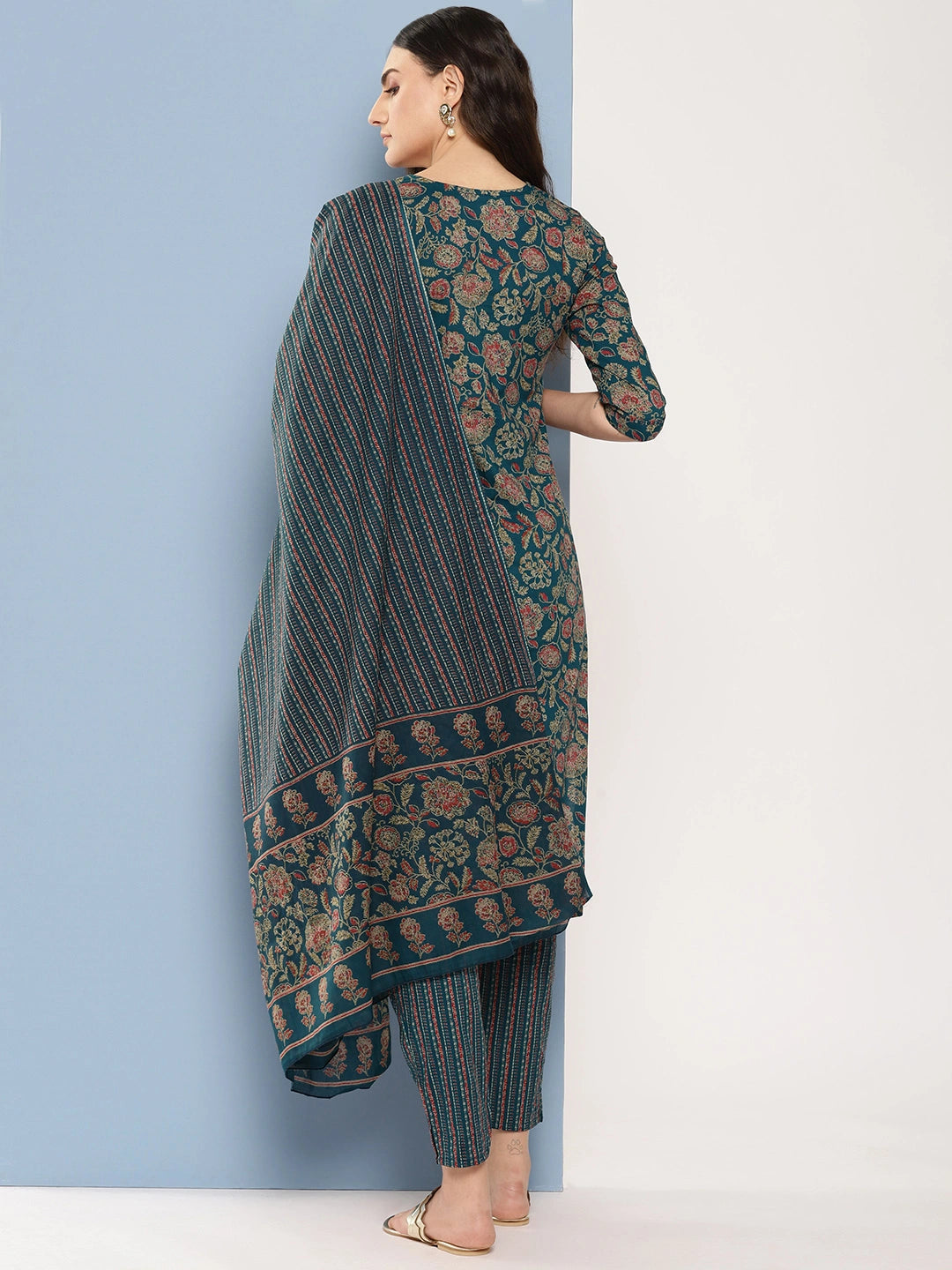 Teal green and red printed Kurta with Trousers with dupatta Set