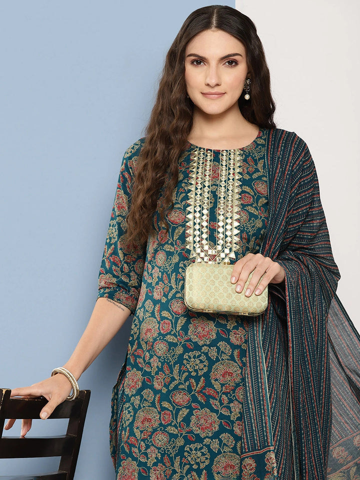 Teal green and red printed Kurta with Trousers with dupatta Set