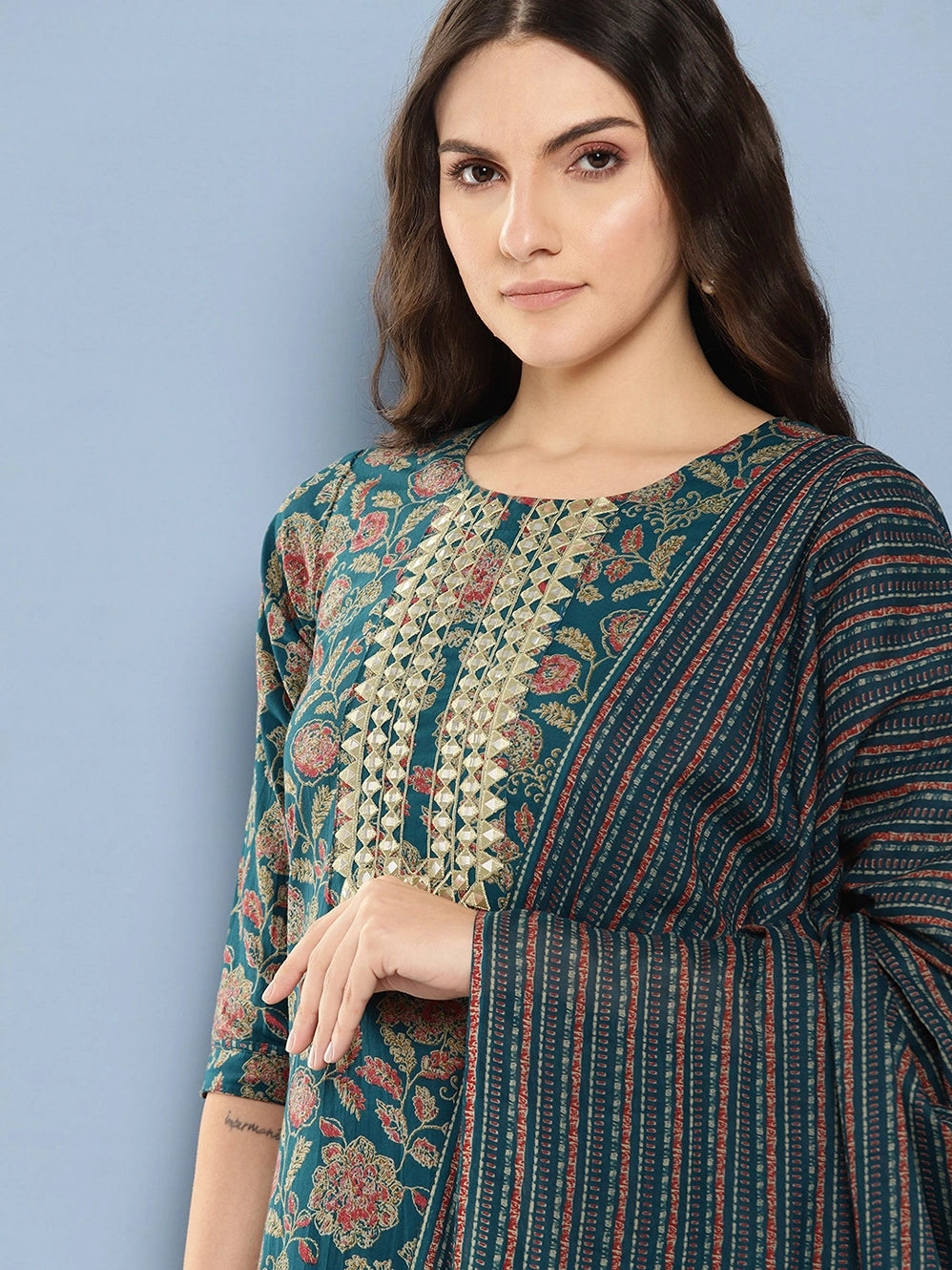 Teal green and red printed Kurta with Trousers with dupatta Set-Yufta Store-1369SKDTBS