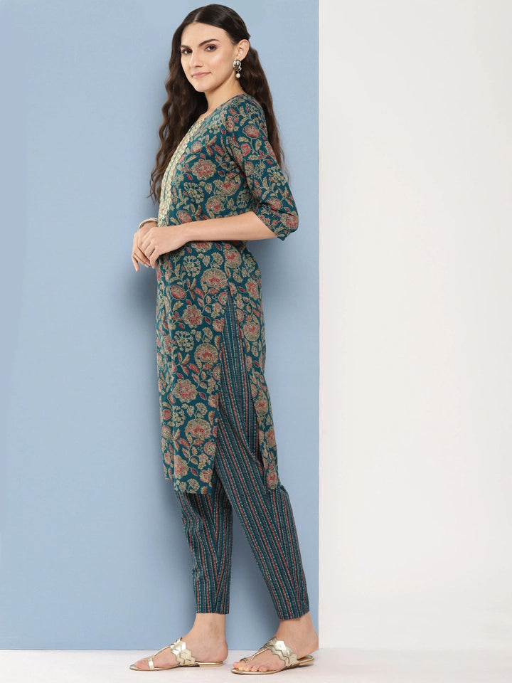 Teal green and red printed Kurta with Trousers with dupatta Set