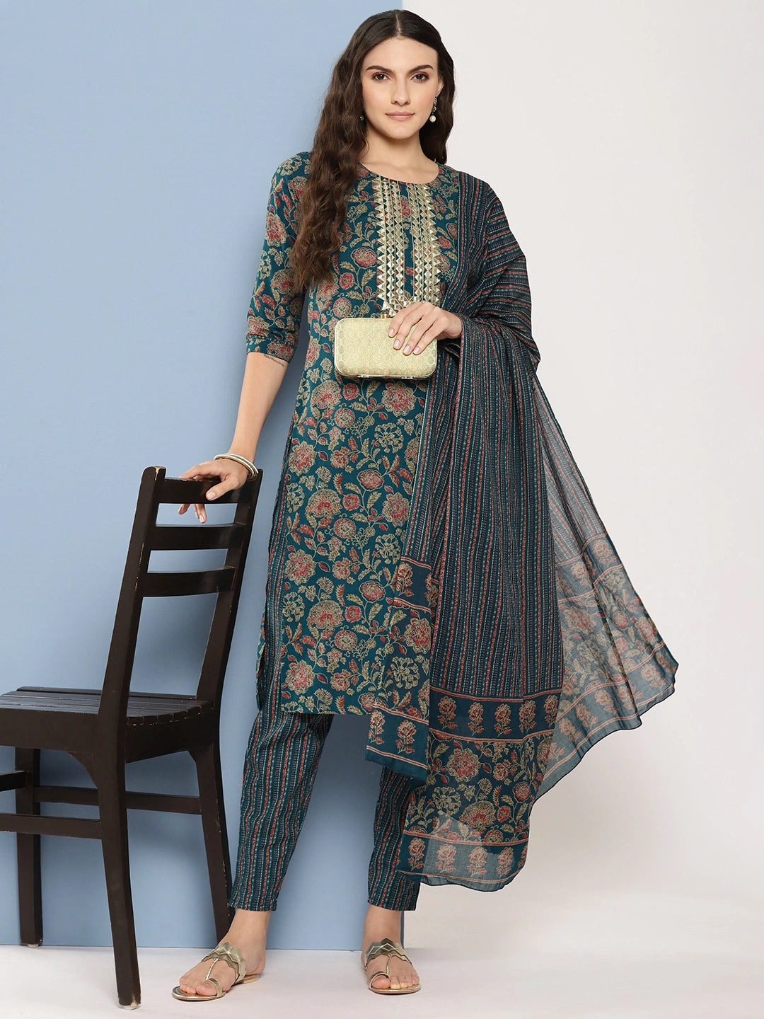 Teal green and red printed Kurta with Trousers with dupatta Set