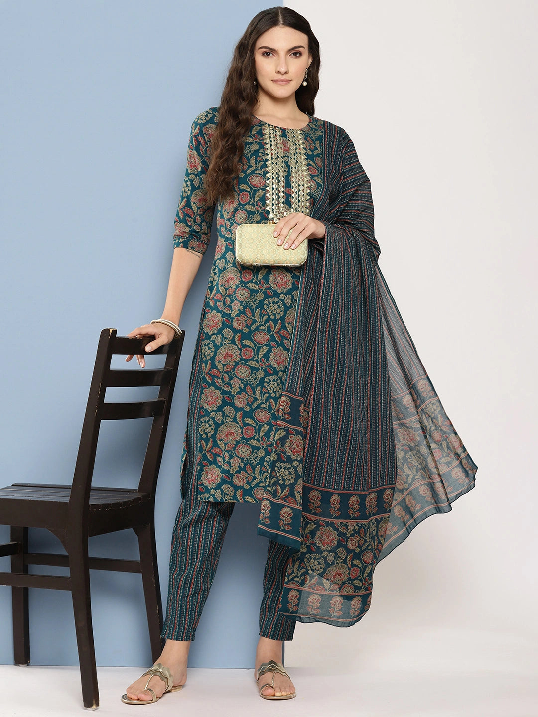 Teal green and red printed Kurta with Trousers with dupatta Set-Yufta Store-1369SKDTBS