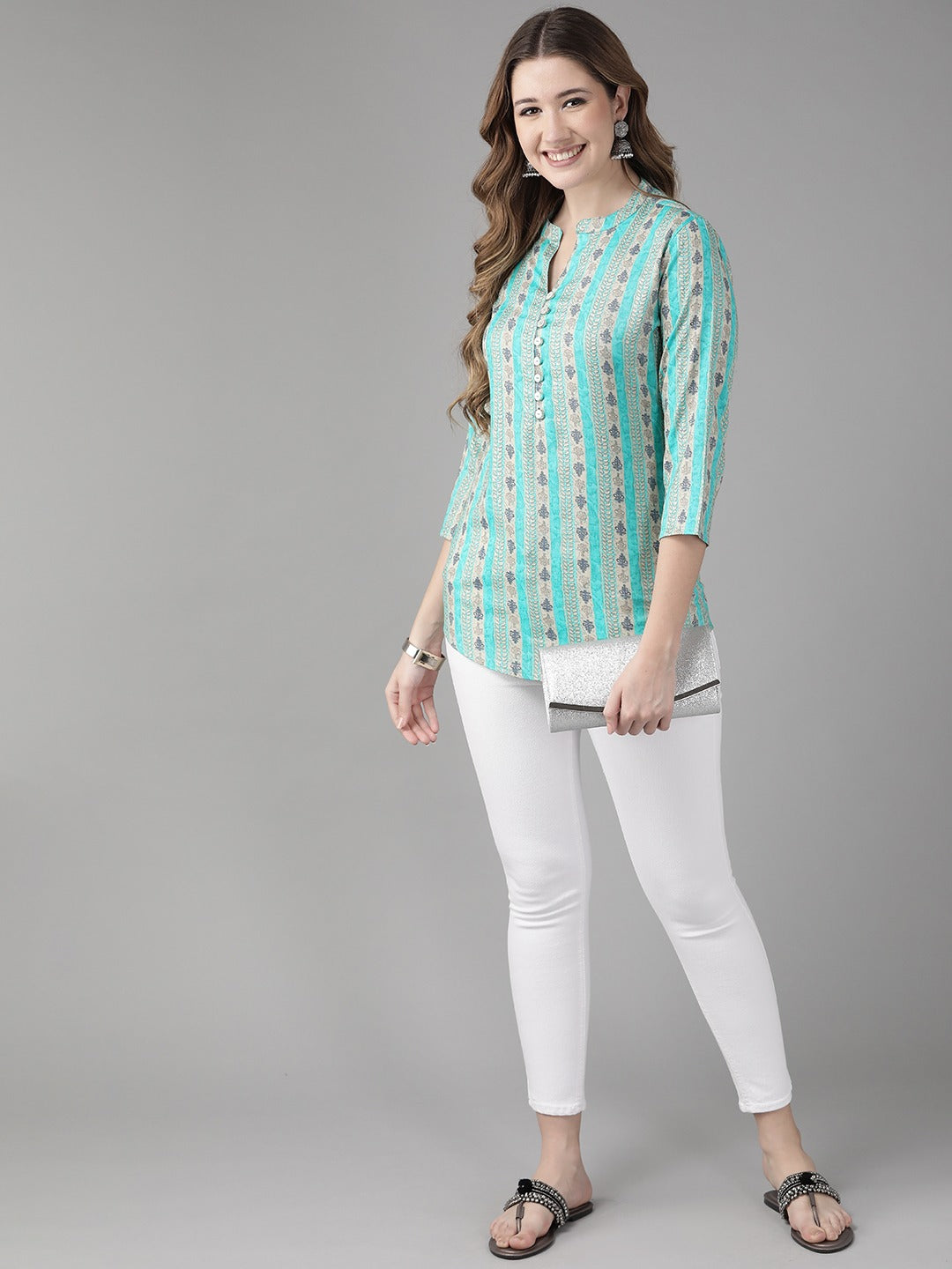 Turquoise Blue & Beige Printed Top-Yufta Store-9666TOPTQXS