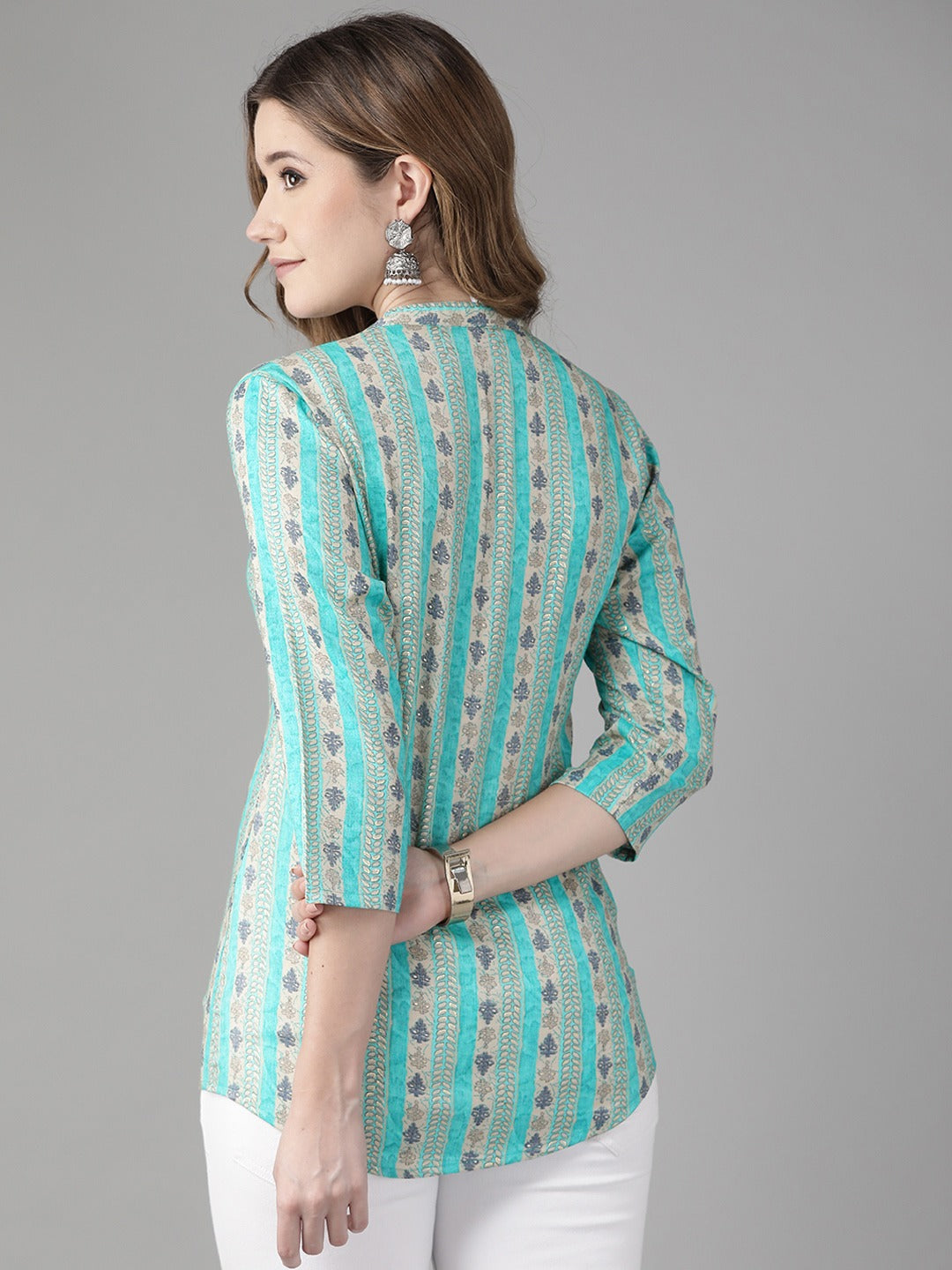 Turquoise Blue & Beige Printed Top-Yufta Store-9666TOPTQXS