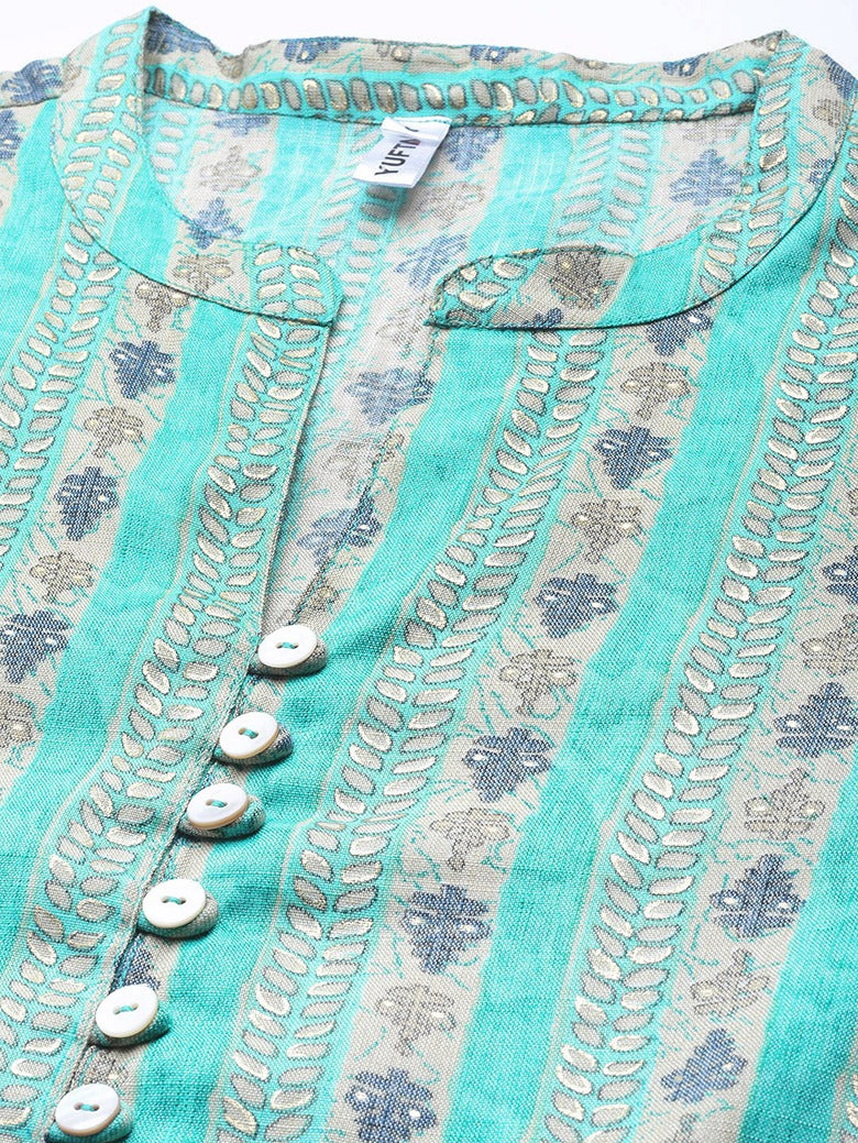 Turquoise Blue & Beige Printed Top-Yufta Store-9666TOPTQXS