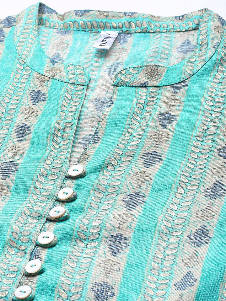 Turquoise Blue & Beige Printed Top-Yufta Store-9666TOPTQXS