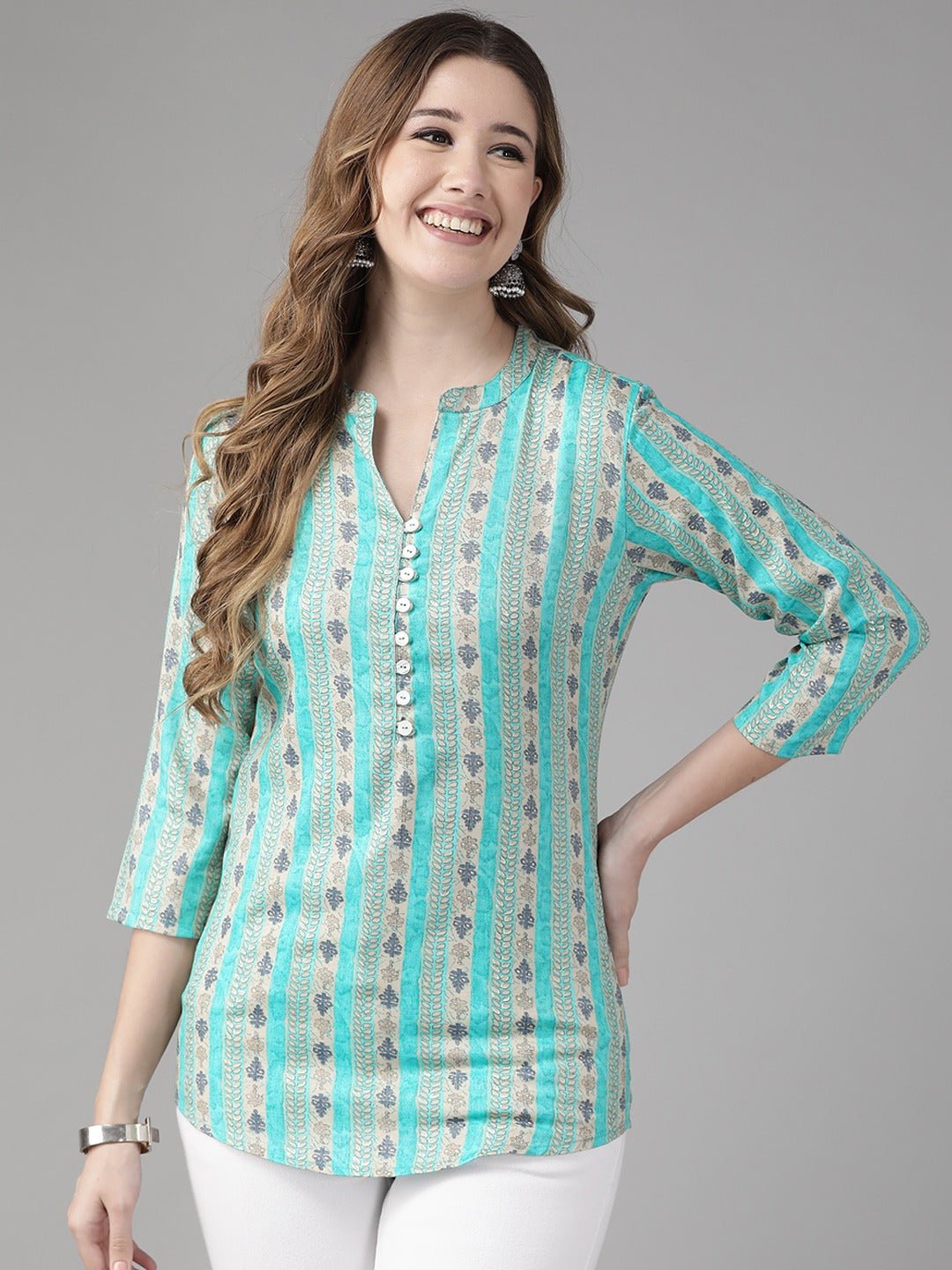 Turquoise Blue & Beige Printed Top-Yufta Store-9666TOPTQXS