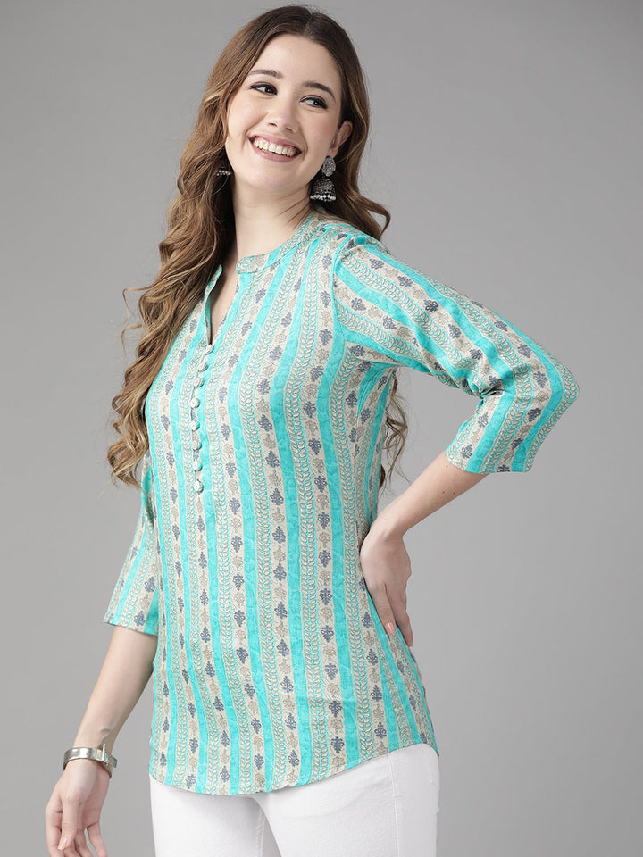 Turquoise Blue & Beige Printed Top-Yufta Store-9666TOPTQXS