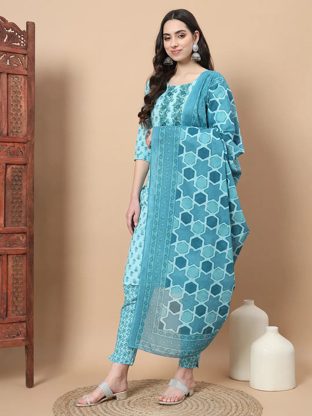 Turquoise Blue Block Print,Thread_Work Straight Kurta Trouser And Dupatta Set