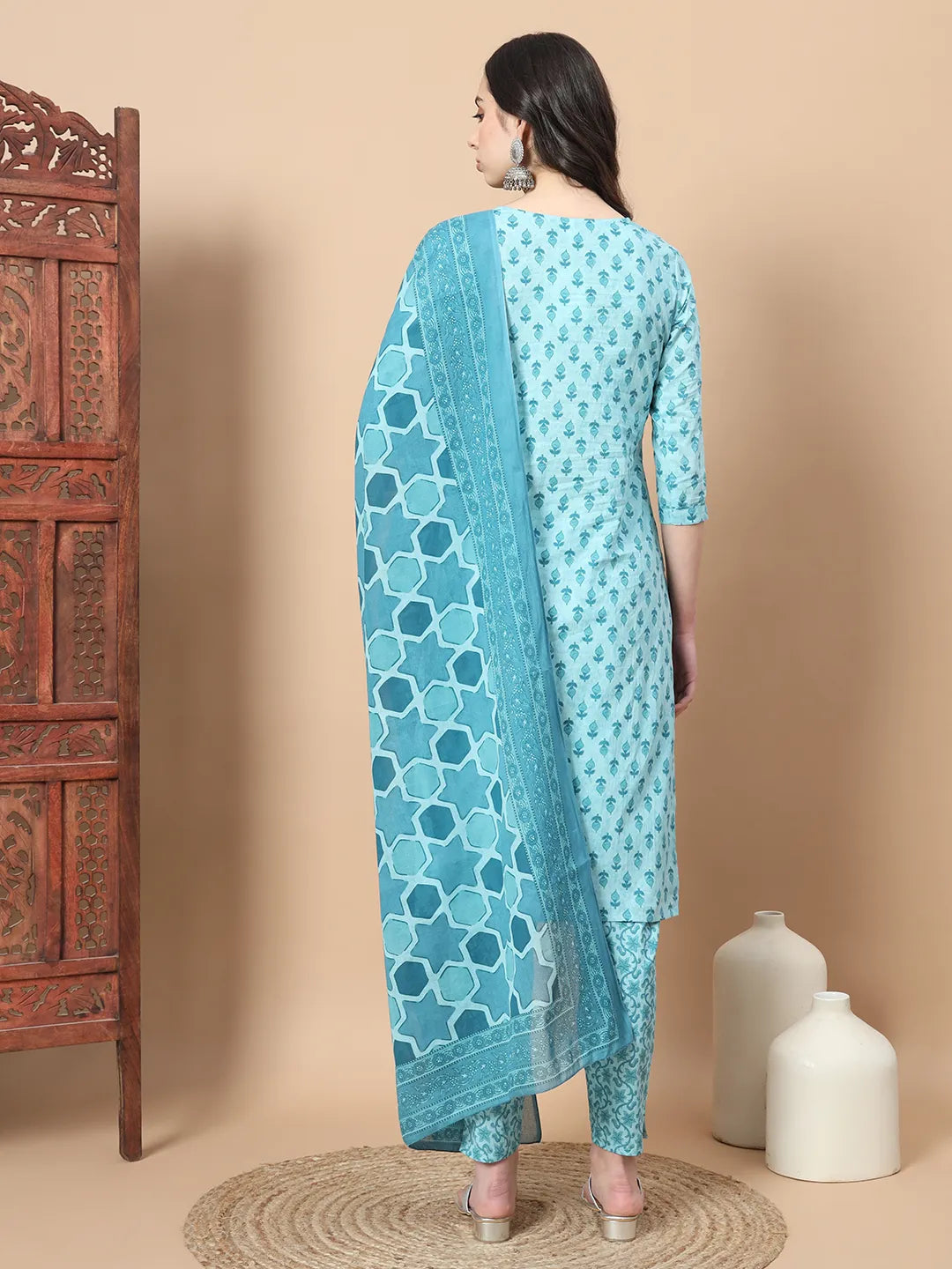 Turquoise Blue Block Print,Thread_Work Straight Kurta Trouser And Dupatta Set