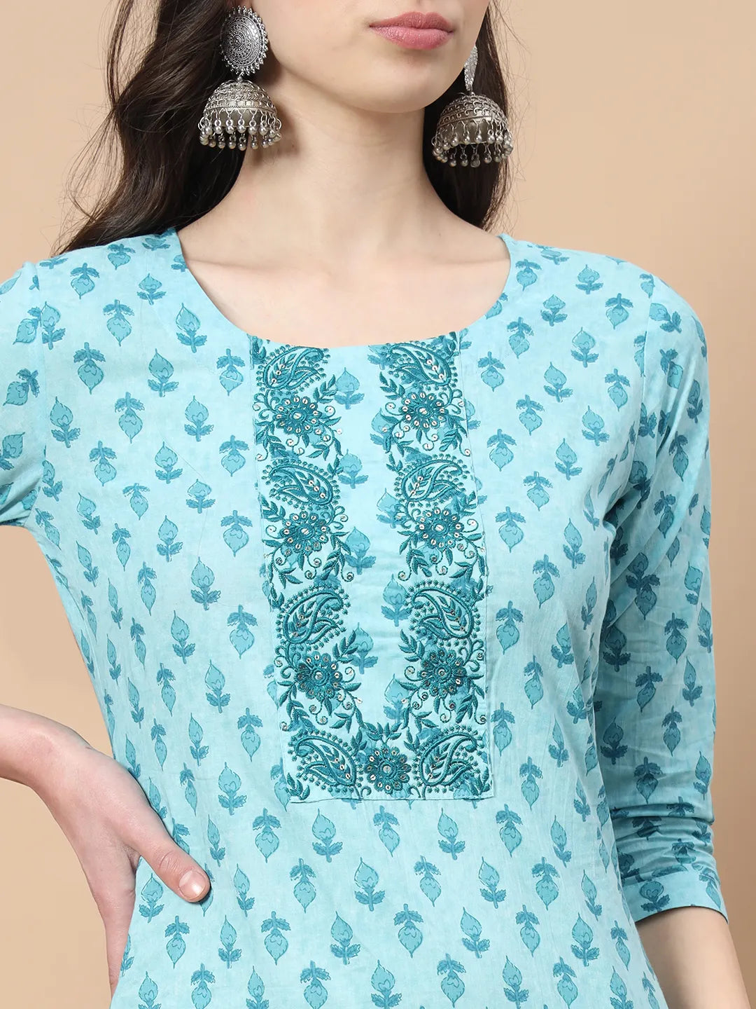 Turquoise Blue Block Print,Thread_Work Straight Kurta Trouser And Dupatta Set