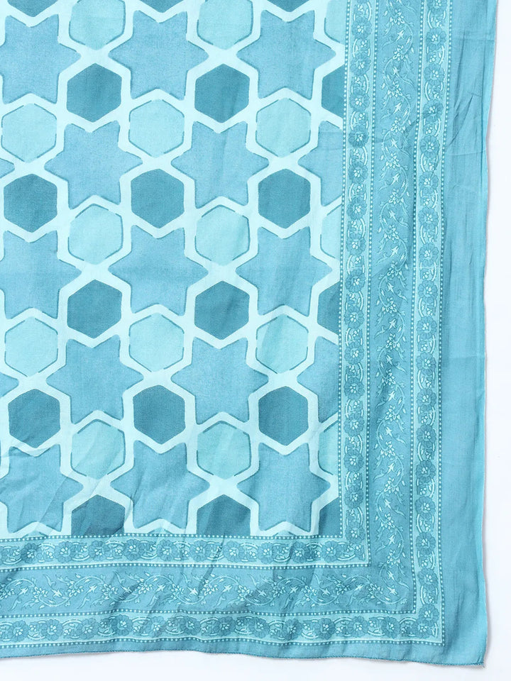 Turquoise Blue Block Print,Thread_Work Straight Kurta Trouser And Dupatta Set