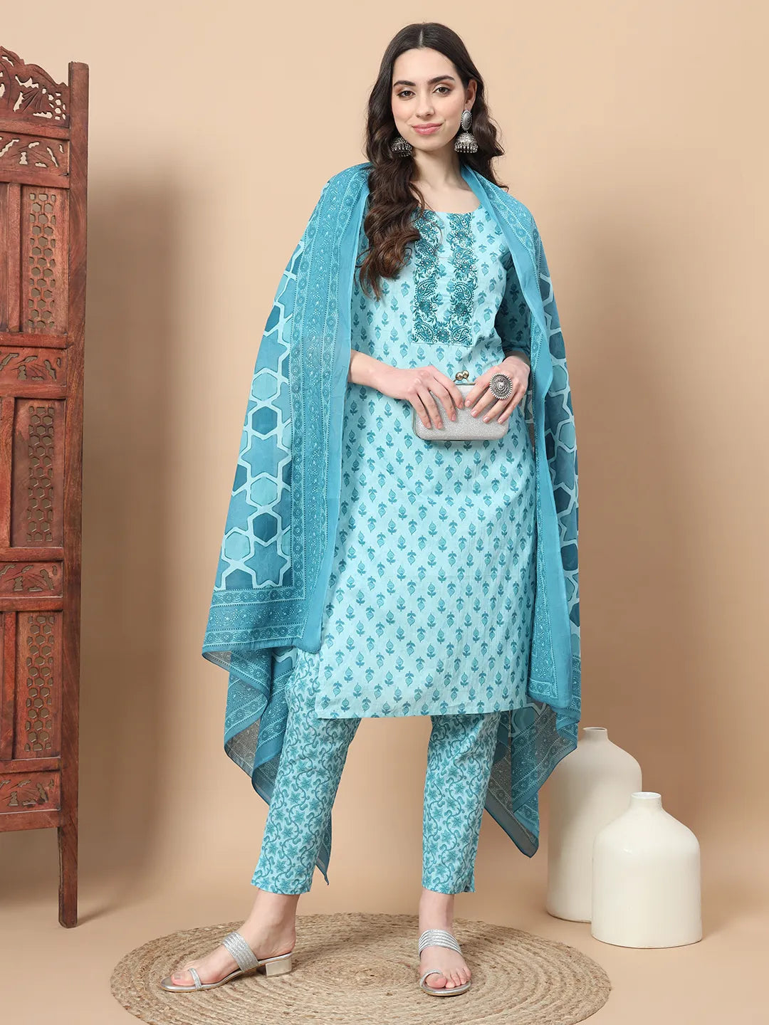 Turquoise Blue Block Print,Thread_Work Straight Kurta Trouser And Dupatta Set