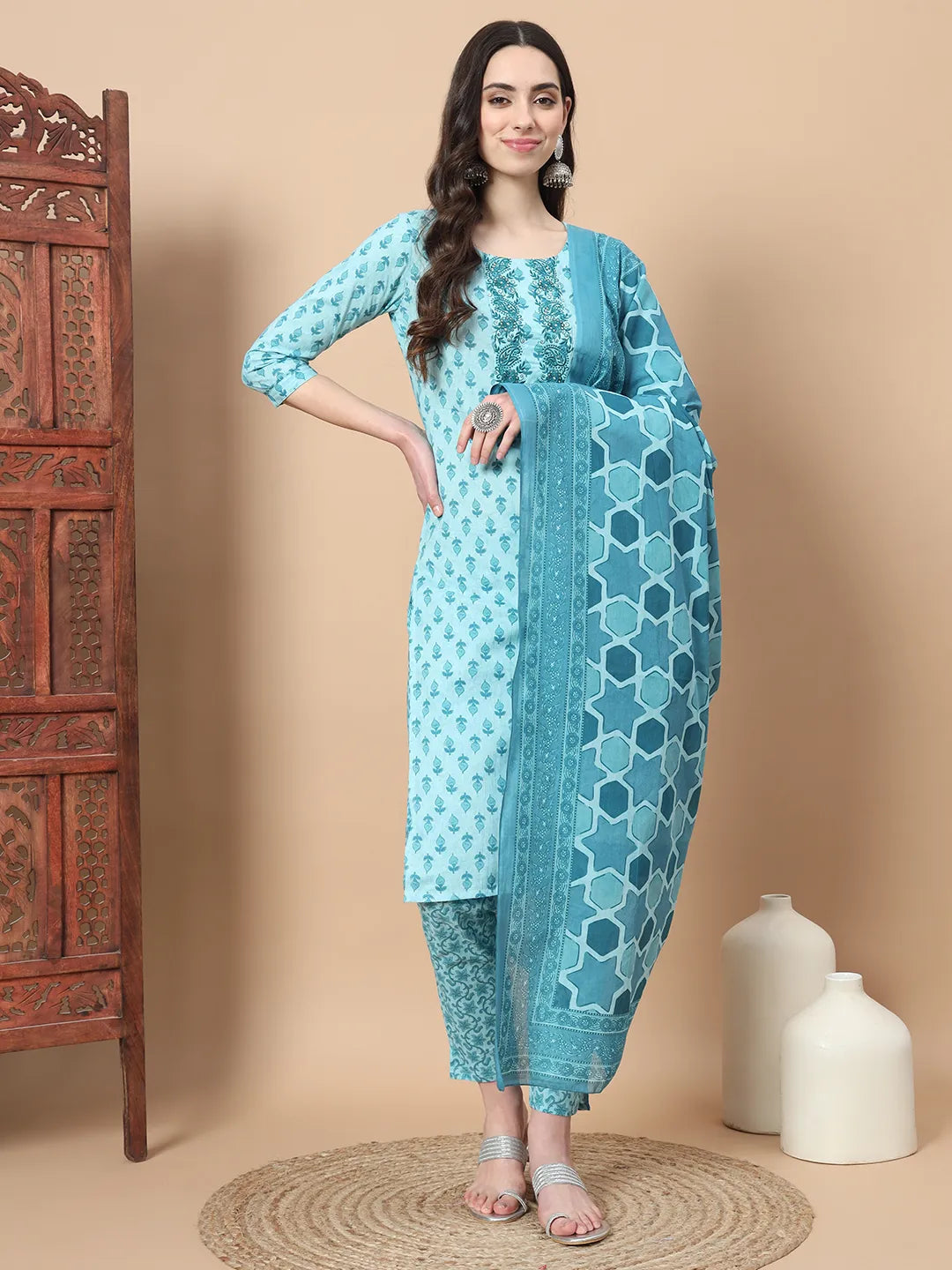 Turquoise Blue Block Print,Thread_Work Straight Kurta Trouser And Dupatta Set-Yufta Store-1742SKDTBS